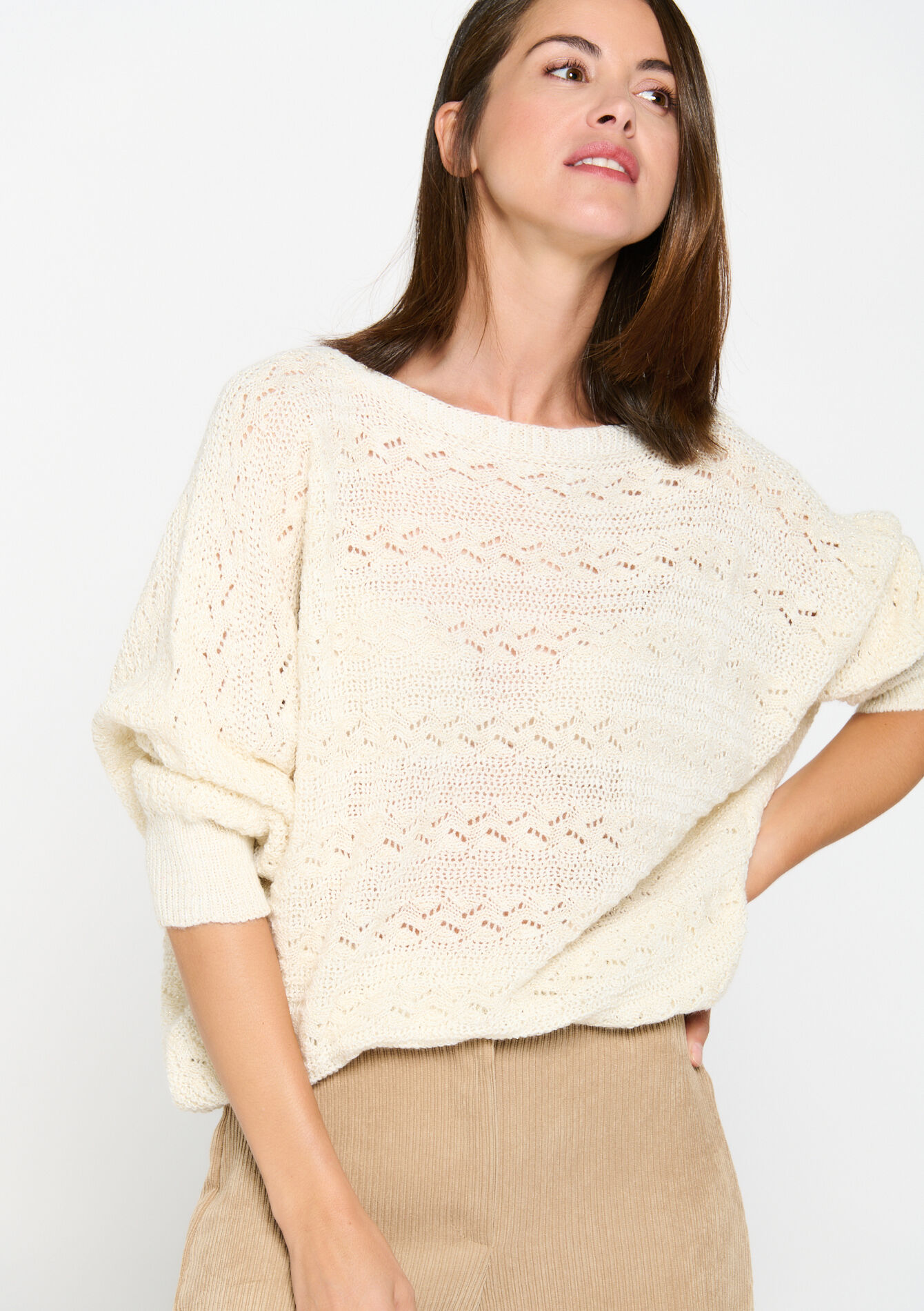 Open-knit pullover with lurex, Open-knit pullover with lurex - OFFWHITE - 04006348