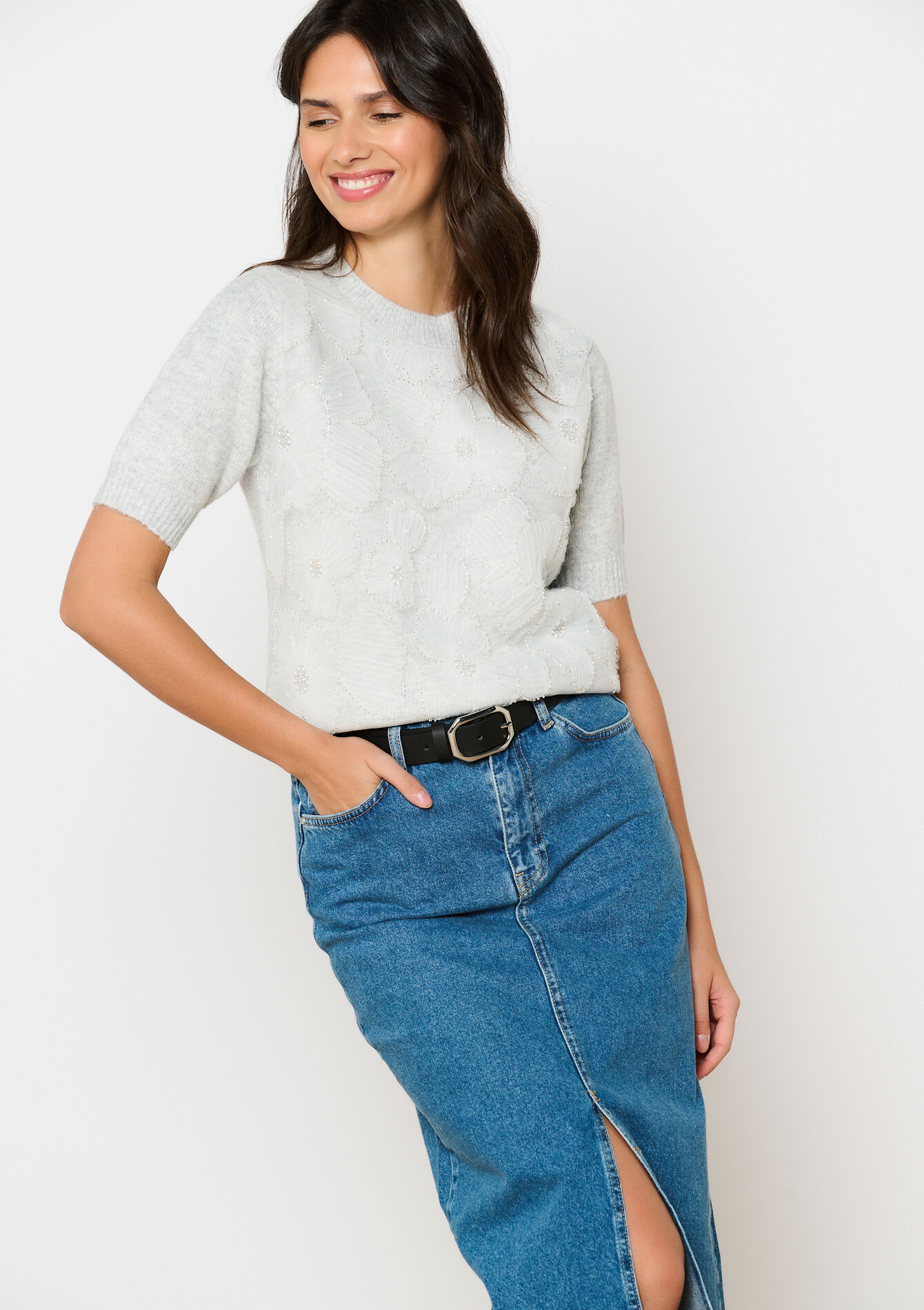 Pullover with voile flowers - LT GREY MEL - 04006625_1081