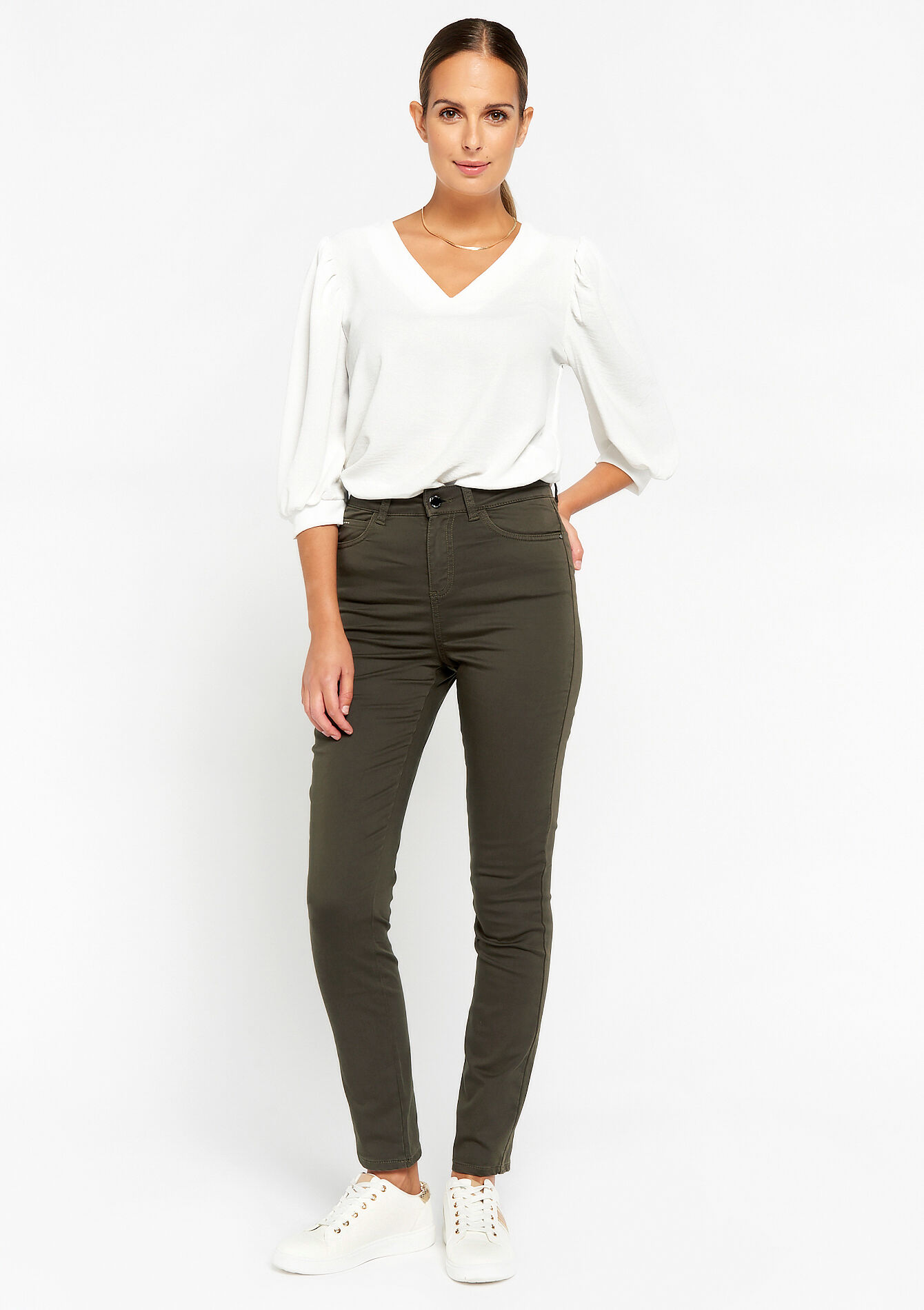 High-waisted skinny trousers, High-waisted skinny trousers - KHAKI DARKY - 1067192