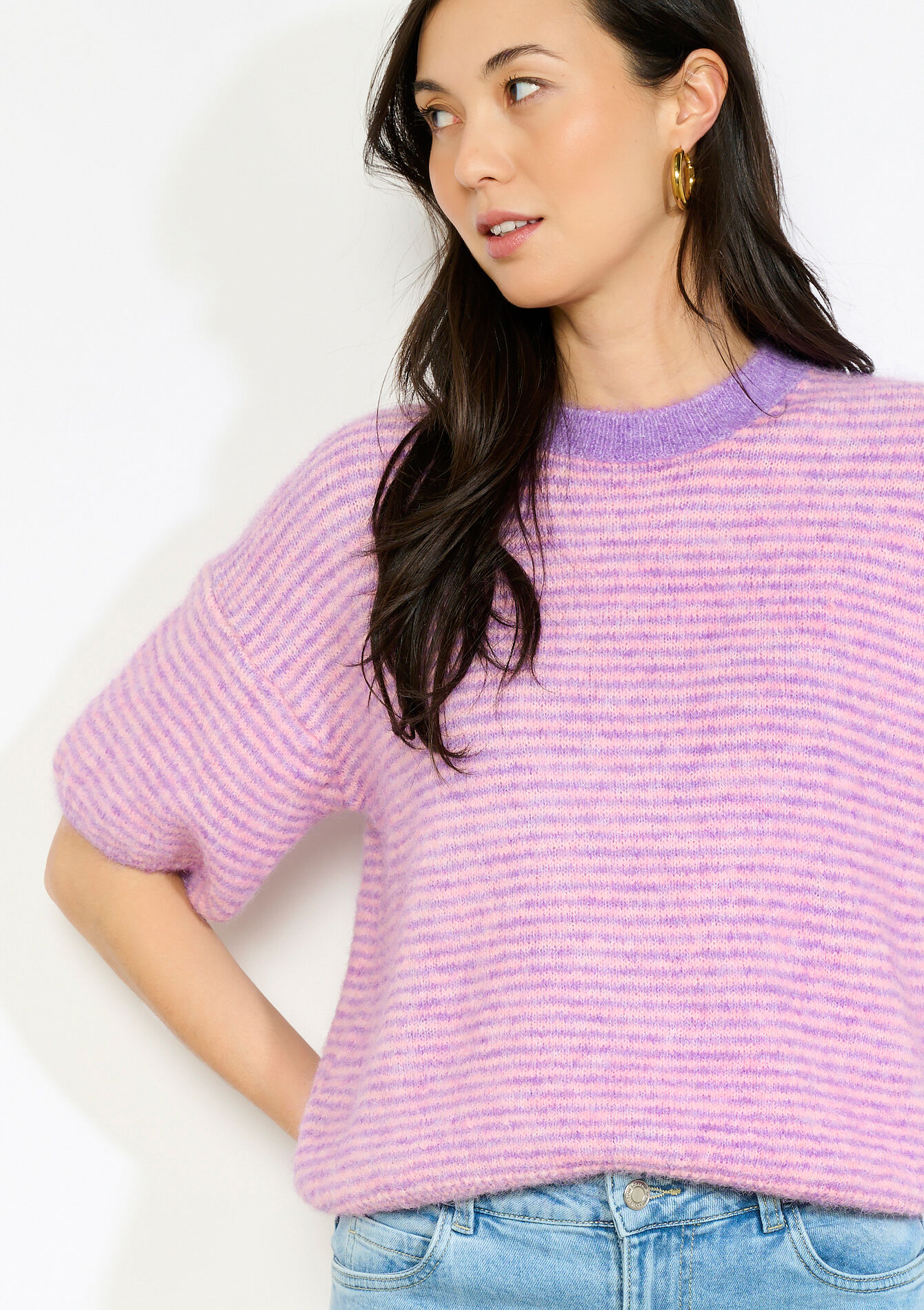 Pull rayé manches courtes, Pull rayé manches courtes - LILAC BRIGHT - 04007224_2578