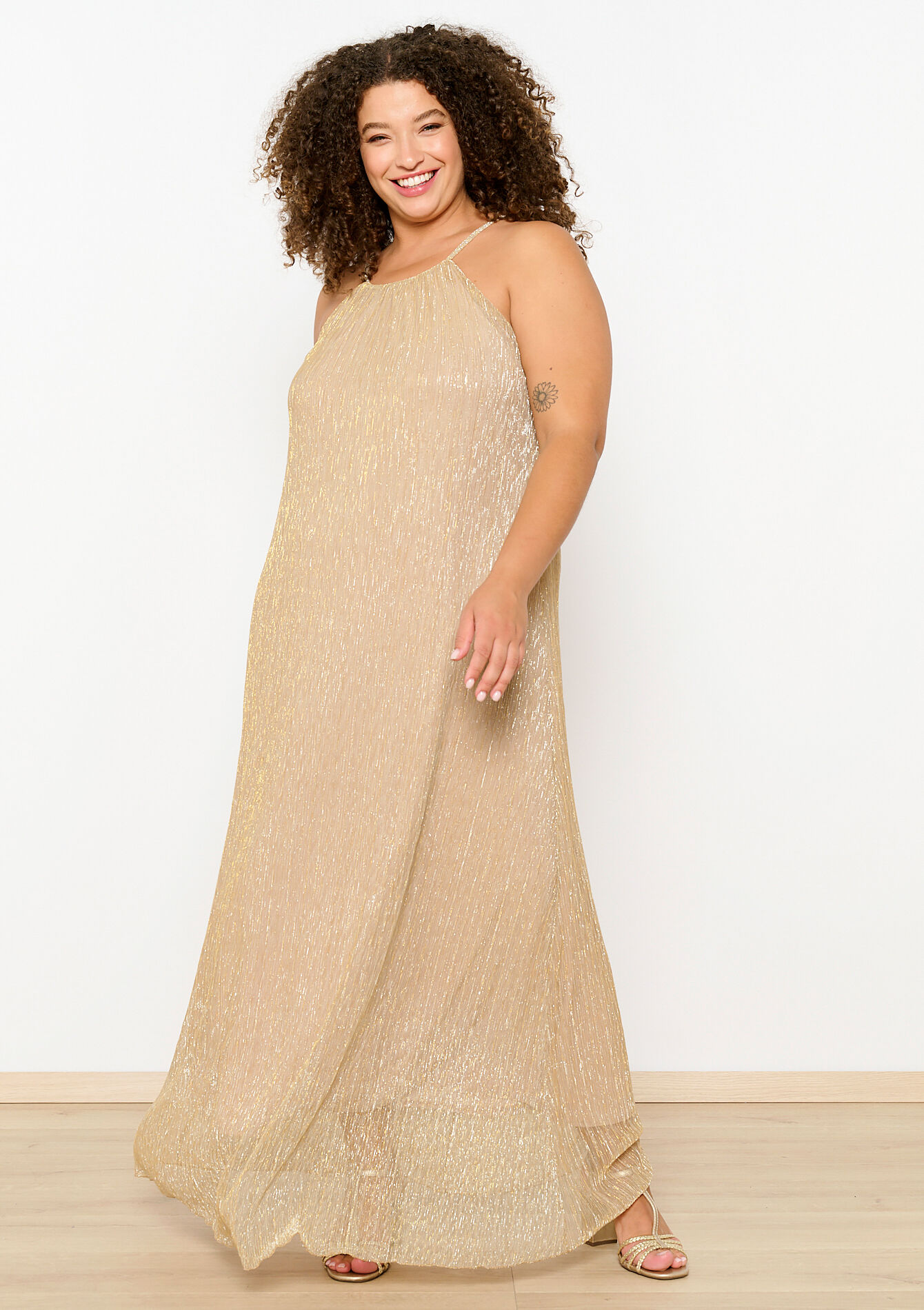 Lurex maxi dress with spaghetti straps, Lurex maxi dress with spaghetti straps - GOLD - 08103674_1058