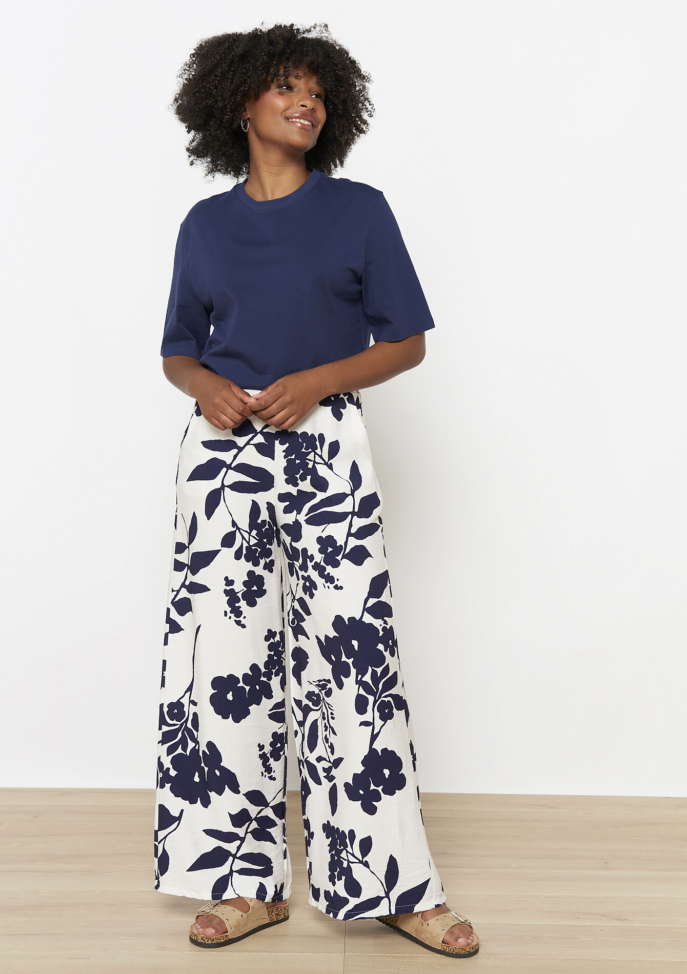 Wijde bloemenprint broek, Wijde bloemenprint broek - NAVY BASIC - 06600968_2723