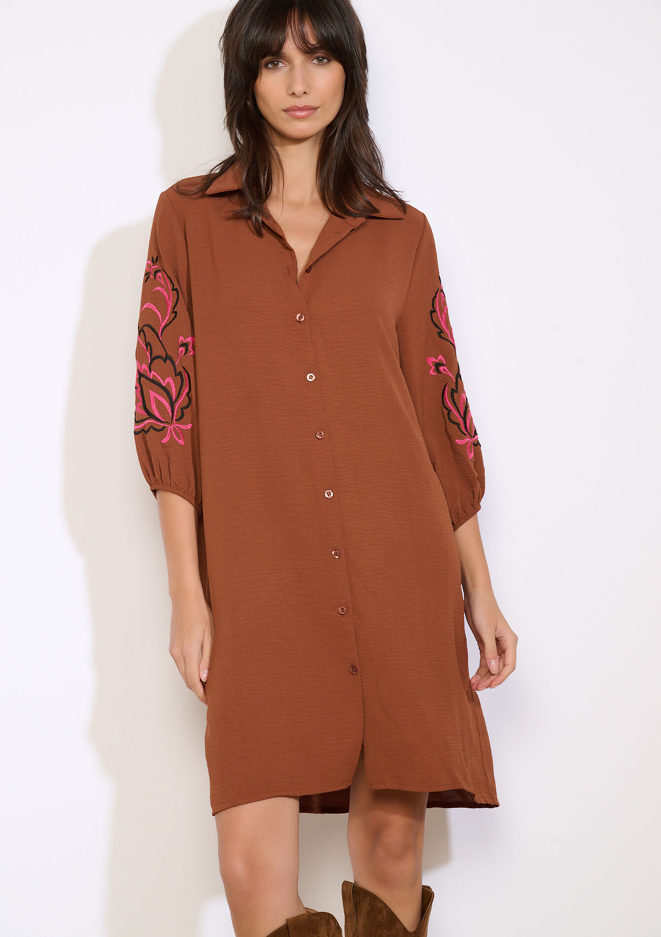 Robe chemise brodée, Robe chemise brodée - CARAMEL - 08104381_1953