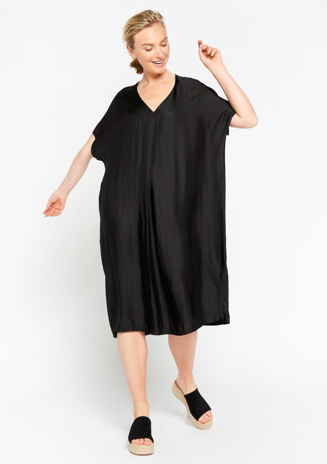 Robe en satin à col V, Robe en satin à col V - BLACK - 08103310_1119