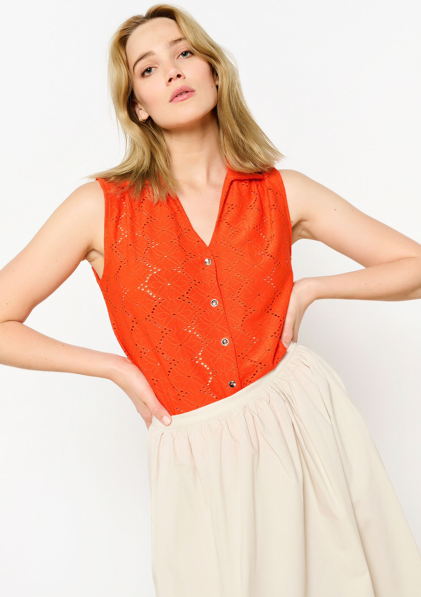 Chemise sans manches avec broderie, Chemise sans manches avec broderie - ORANGE BRIGHT - 02200407_1255
