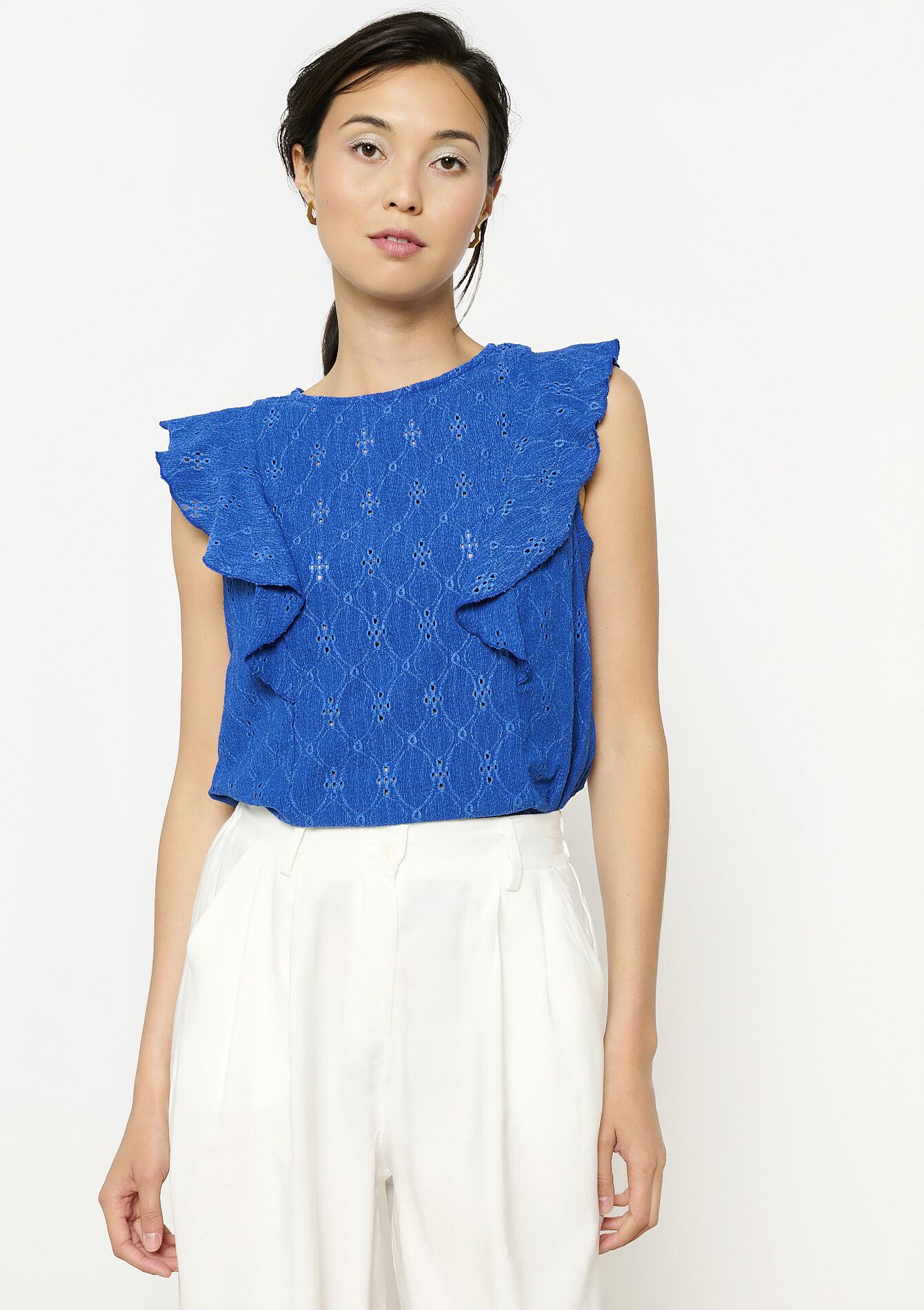 Geborduurde top met ruches, Geborduurde top met ruches - ELECTRIC BLUE - 02200512_1619