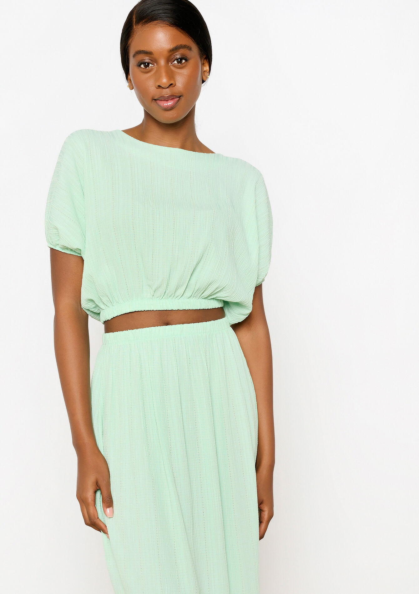 Cropped blouse with elastic waistband, Cropped blouse with elastic waistband - MINT GREEN - 05702562_1723