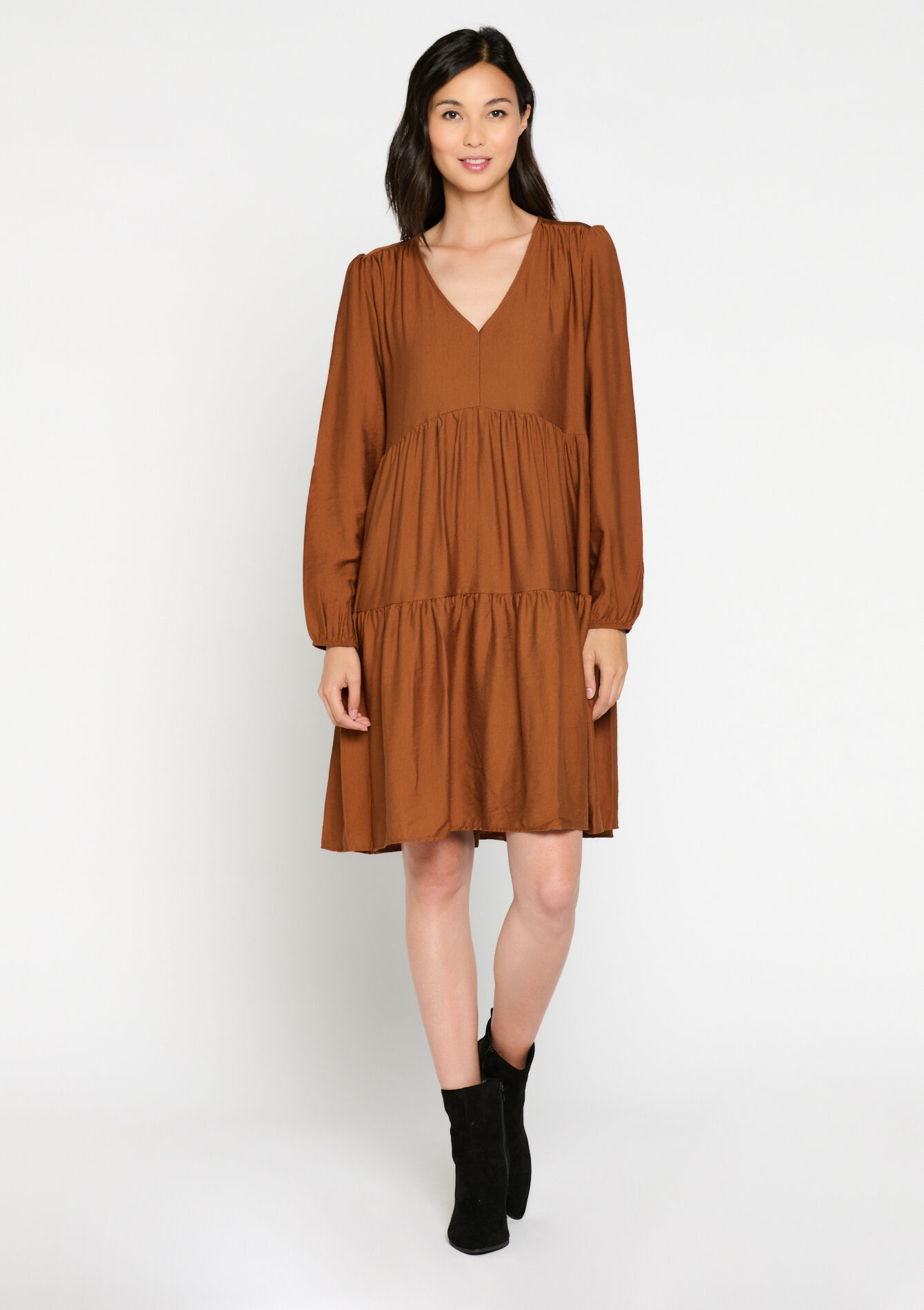 Satin babydoll dress, Satin babydoll dress - CAMEL BROWN - 08103382_3818