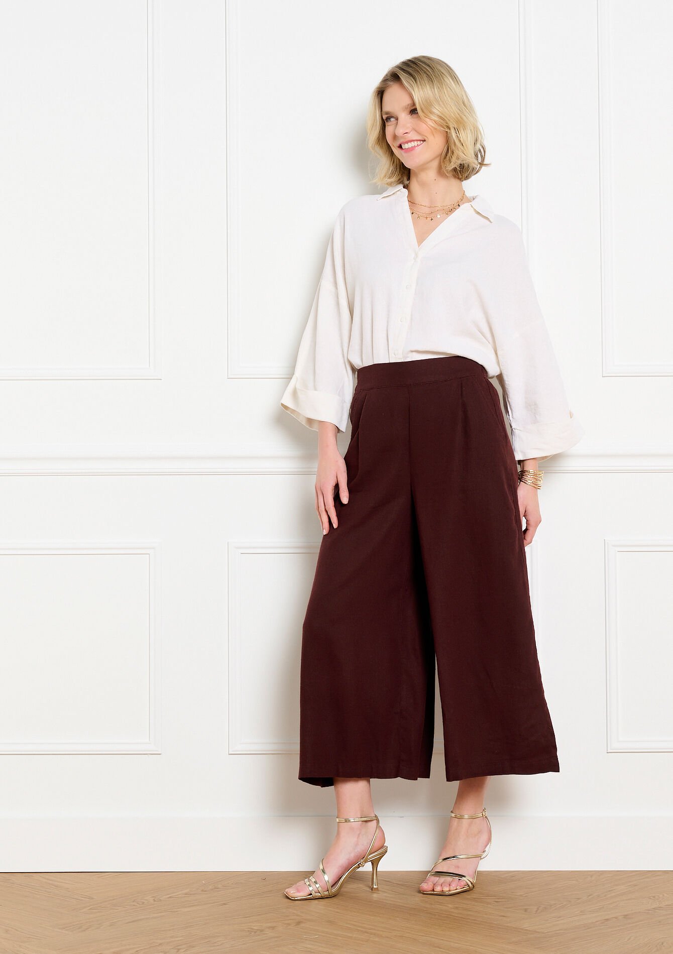 Cropped wijde broek - BROWN DARK CHOCOLATE - 06601059_3720