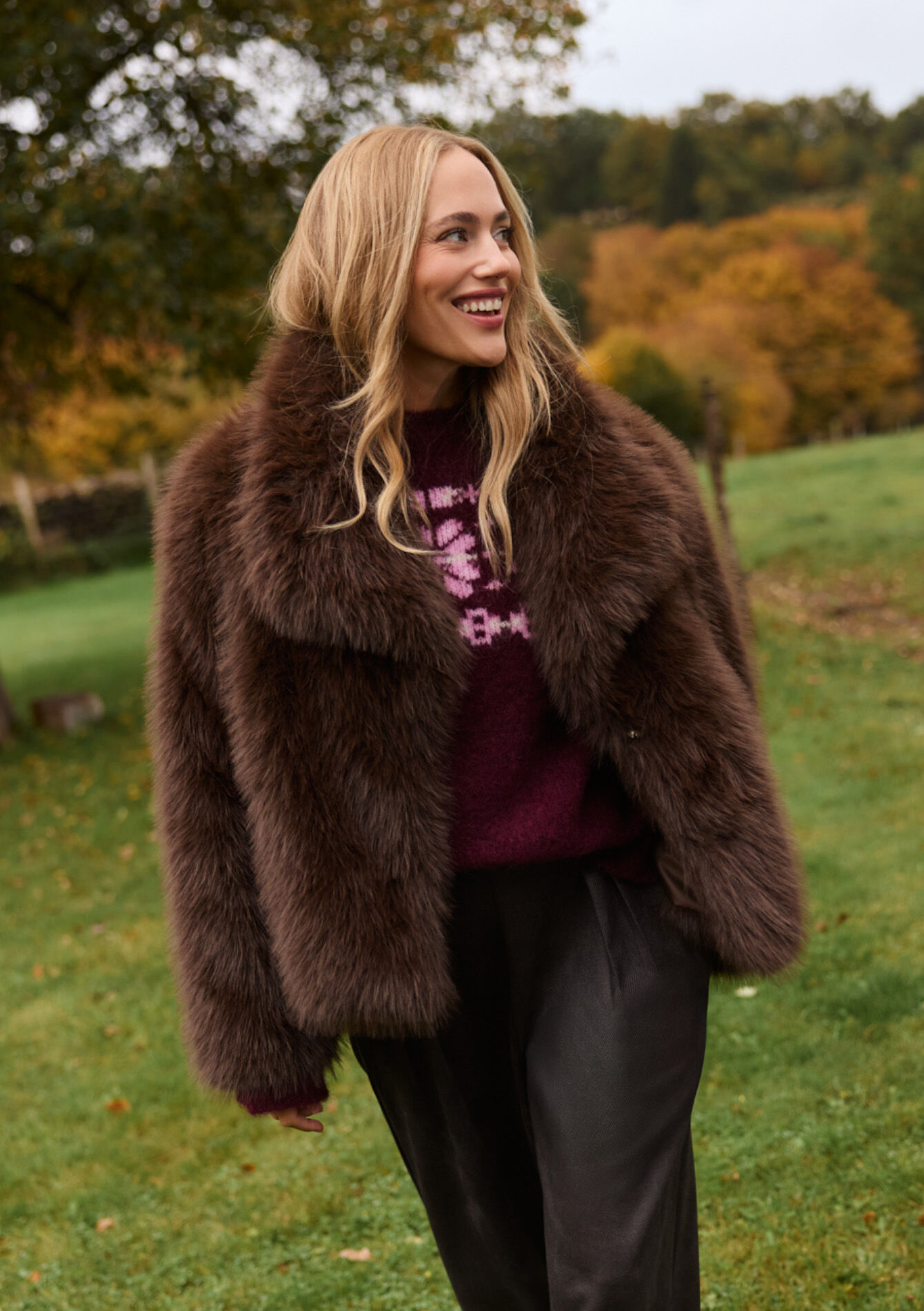 Faux fur jacket wide collar - BROWN DARK CHOCOLATE - 23000801_3720