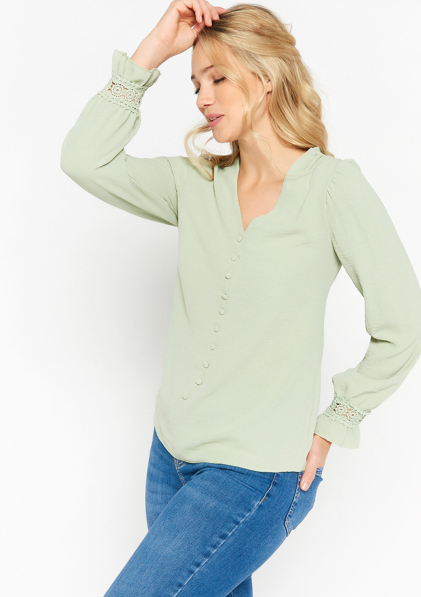 Blouse with embroidery, Blouse with embroidery - KHAKI MINT - 05702132_2542