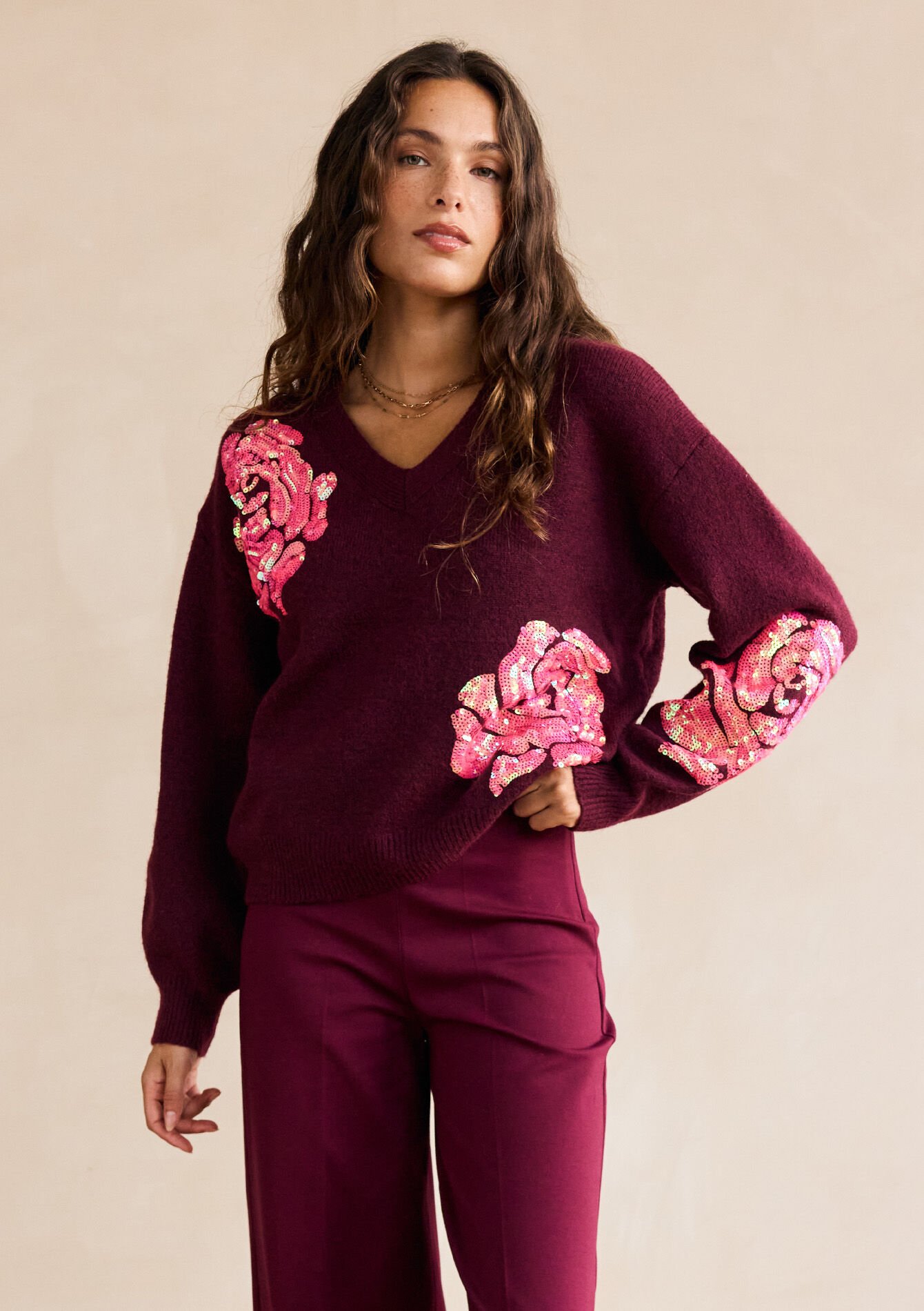 Gebreide trui met V-hals, Gebreide trui met V-hals, , back