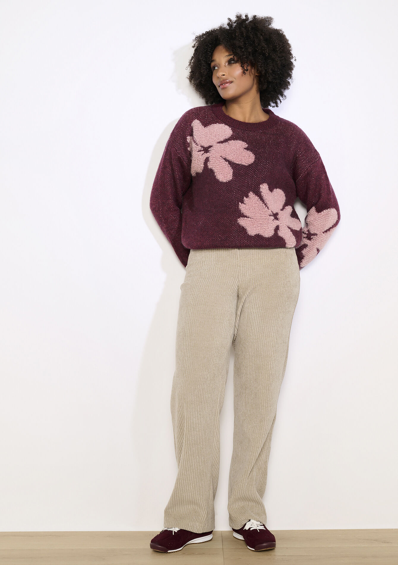 Floral jacquard knit sweater - BORDEAUX WINE - 04007116