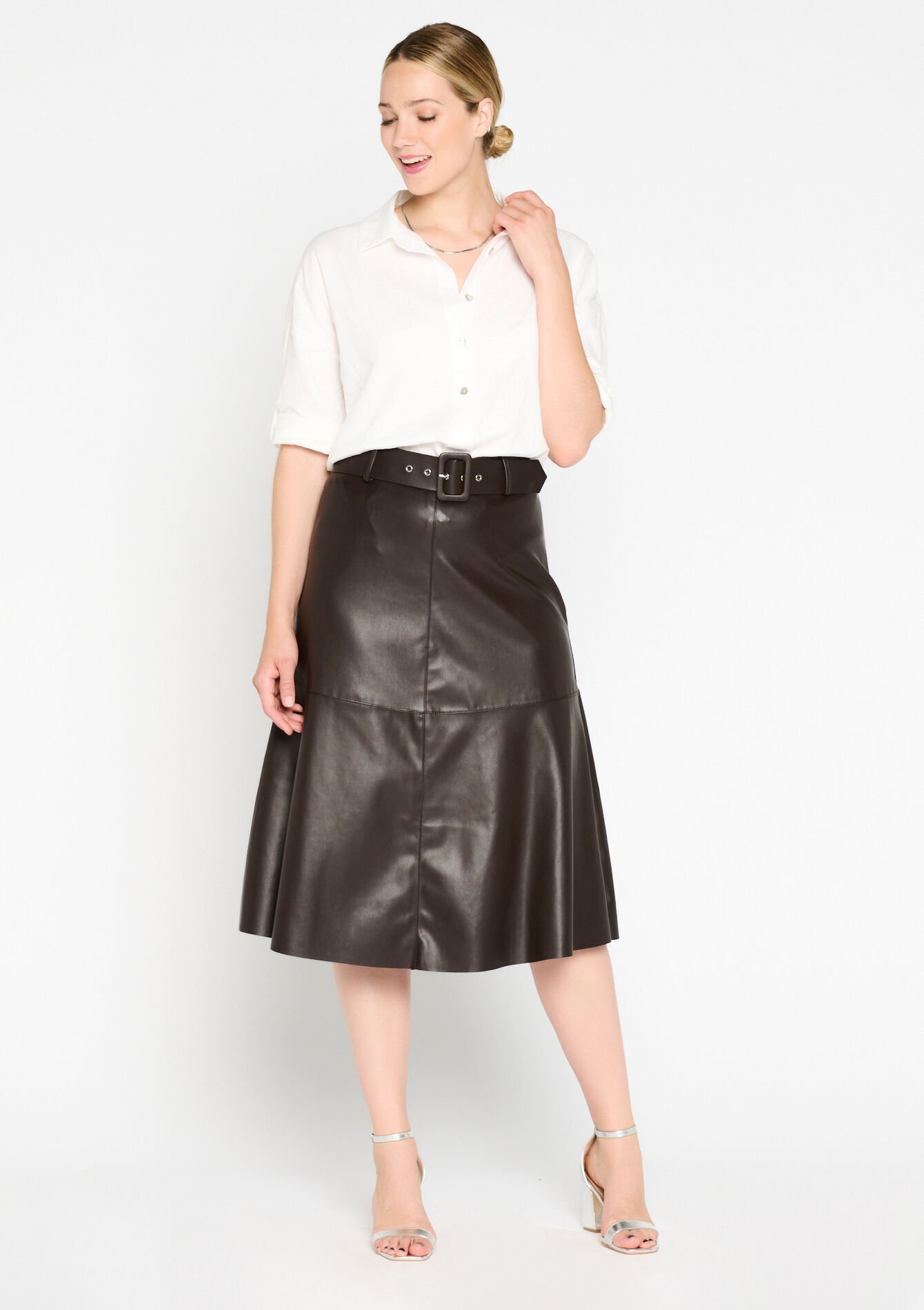 Jupe mi-longue en similicuir - BROWN DARK CHOCOLATE - 07101122_3720