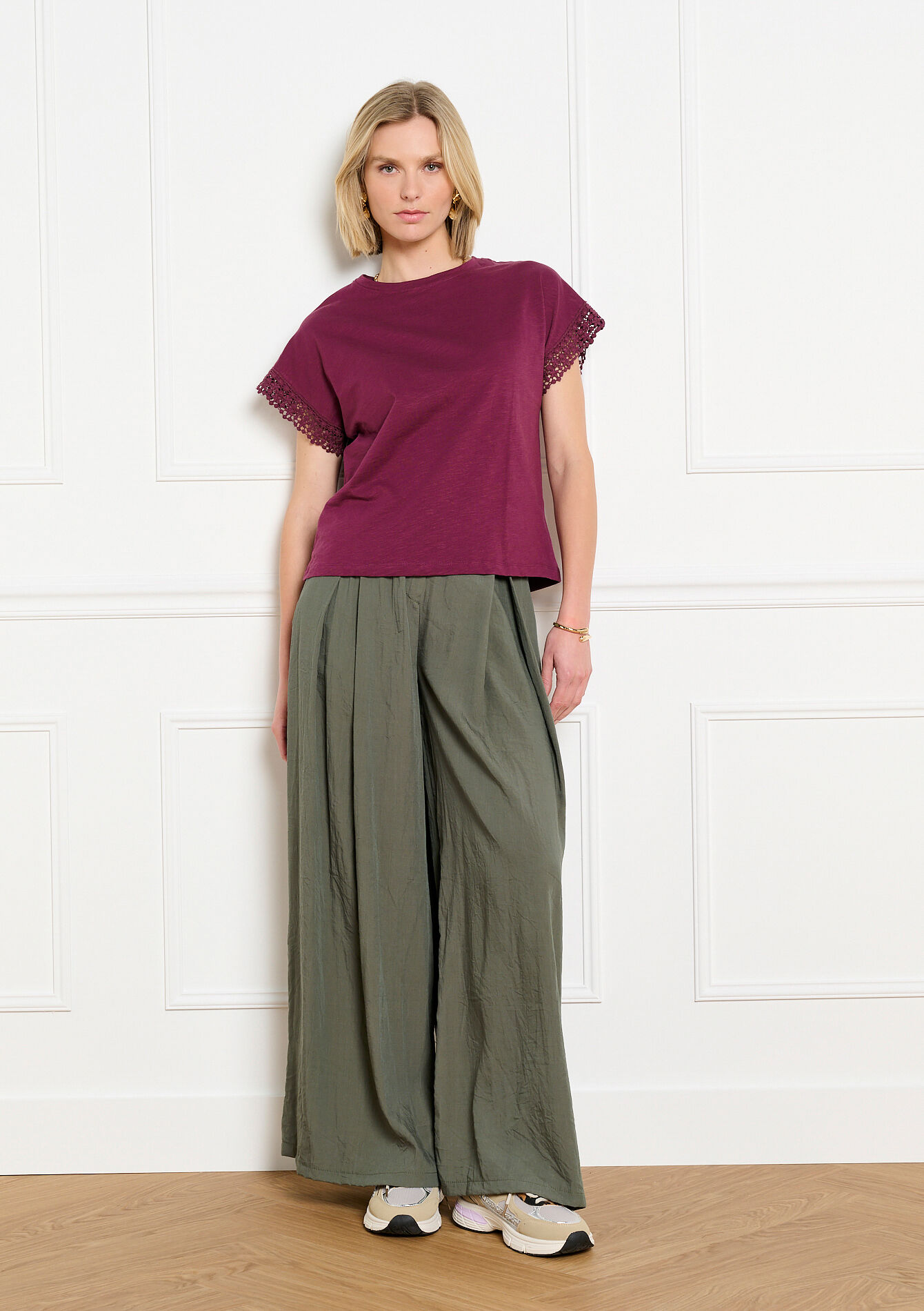 T-shirt met kanten mouwen - AUBERGINE - 02301939_1537
