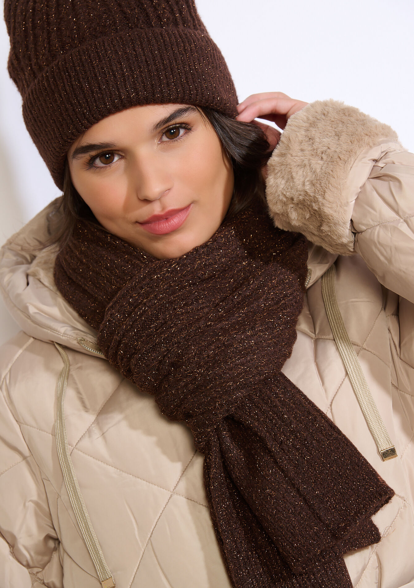 Sparkly rib knit scarf, Sparkly rib knit scarf - BROWN DARK CHOCOLATE - 17101405_3720