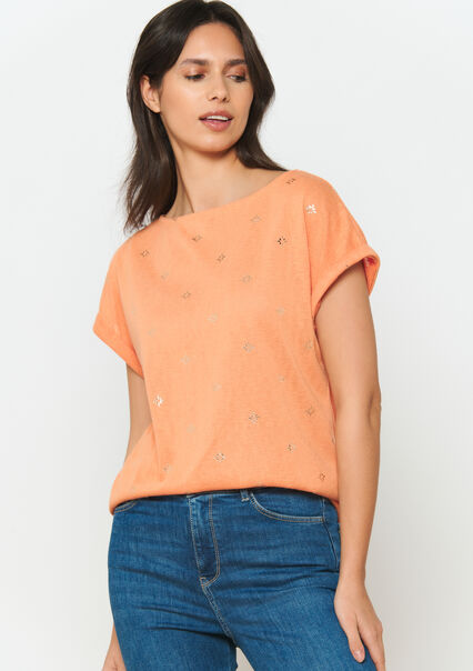 T-shirt with linen look - PASTEL PEACH - 02301506_1974