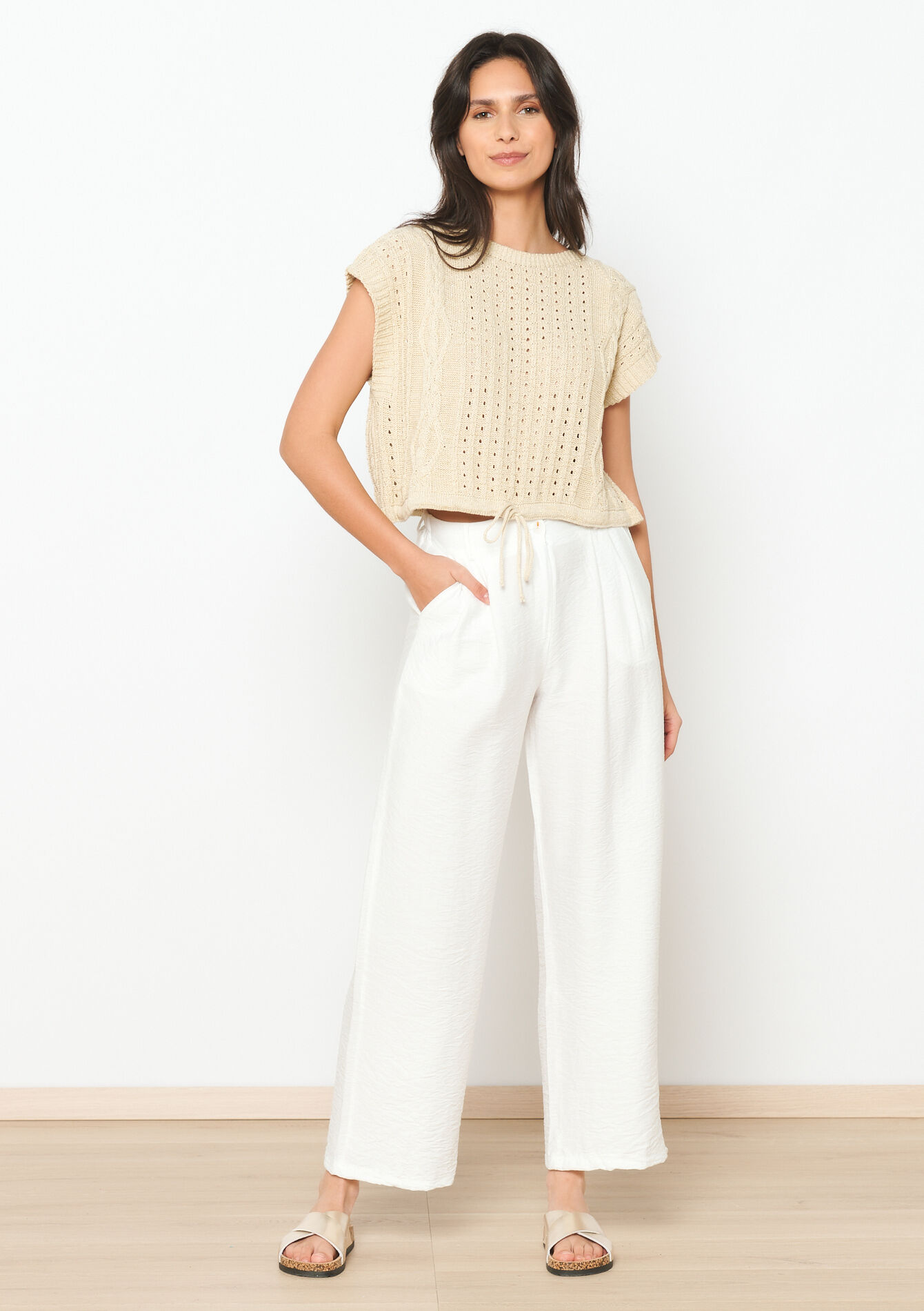 Crochet trui met korte mouwen, Crochet trui met korte mouwen - LT BEIGE - 04006544_2527