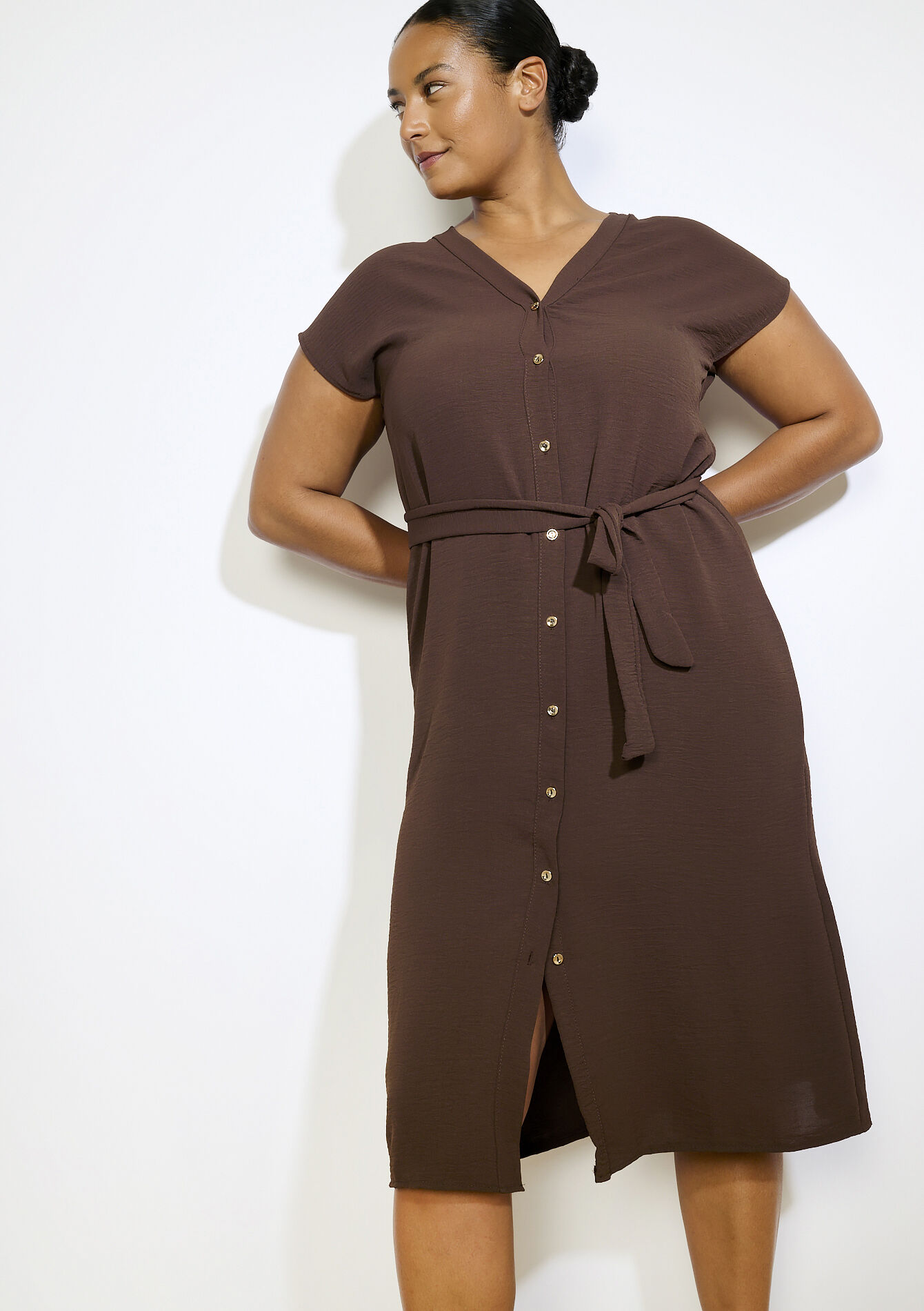 Buttoned midi shirt dress - BROWN DARK CHOCOLATE - 08104243_3720