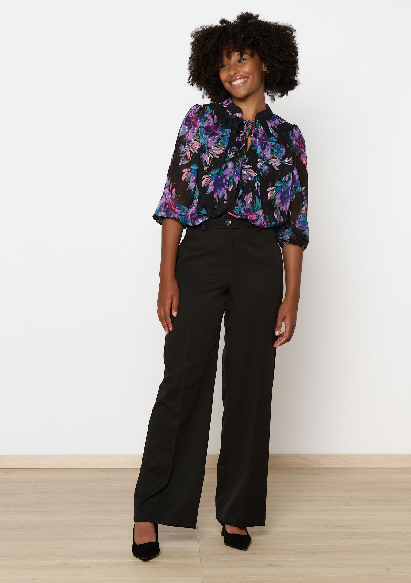 Wijde broek in keperstof, Wijde broek in keperstof - BLACK - 06100648_1119