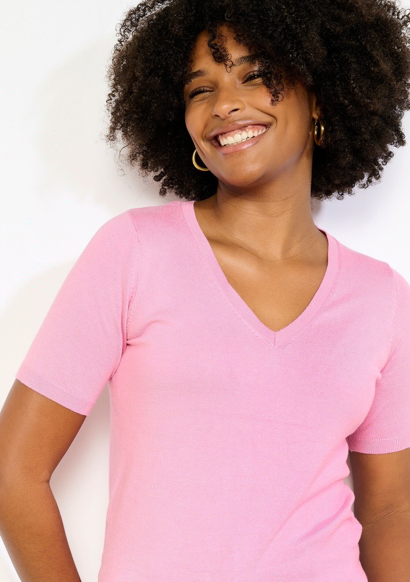 Pull col V manches courtes - PINK BUBBLEGUM - 04007025_1477