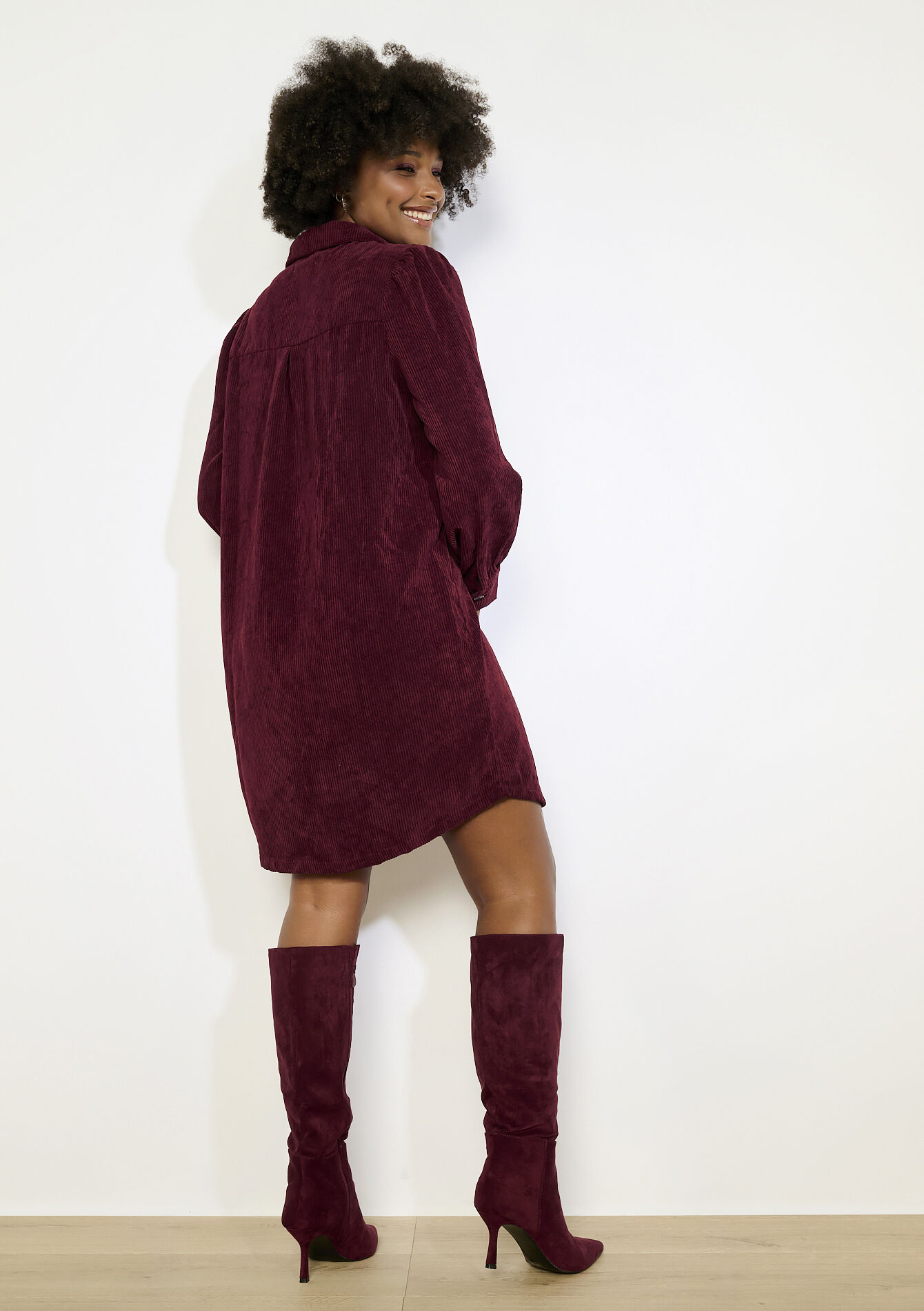 Robe chemise en velours, Robe chemise en velours - BORDEAU WINE - 08104034_1467