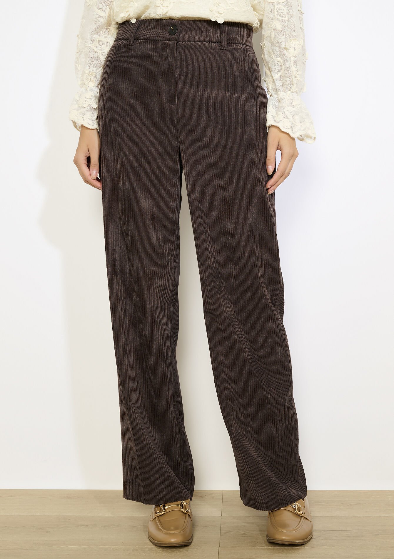 Flared broek in ribfluweel, Flared broek in ribfluweel - BROWN DARK CHOCOLATE - 06100741_3720