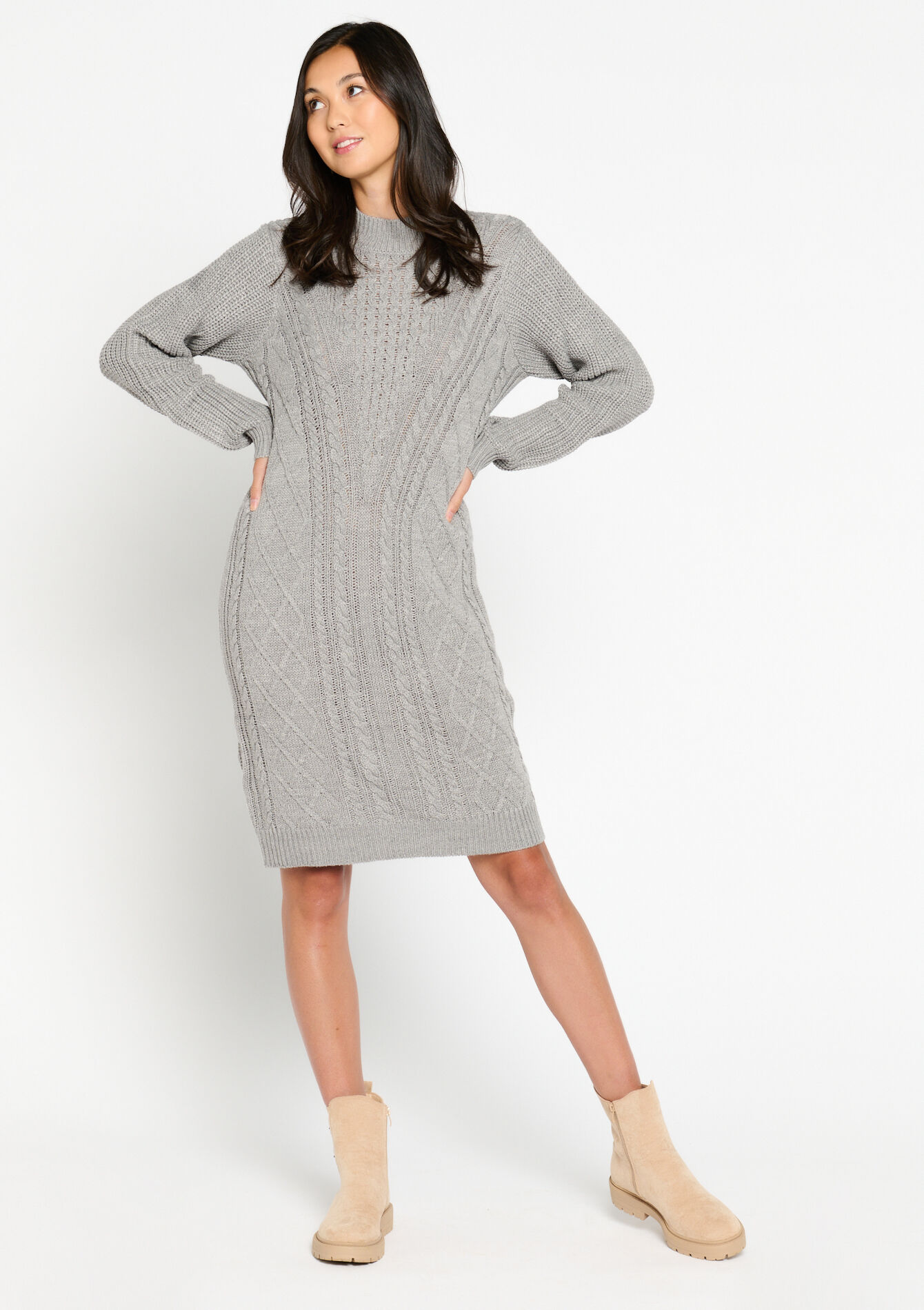 Kabelgebreide trui-jurk - GREY MED MEL - 08103301_3507