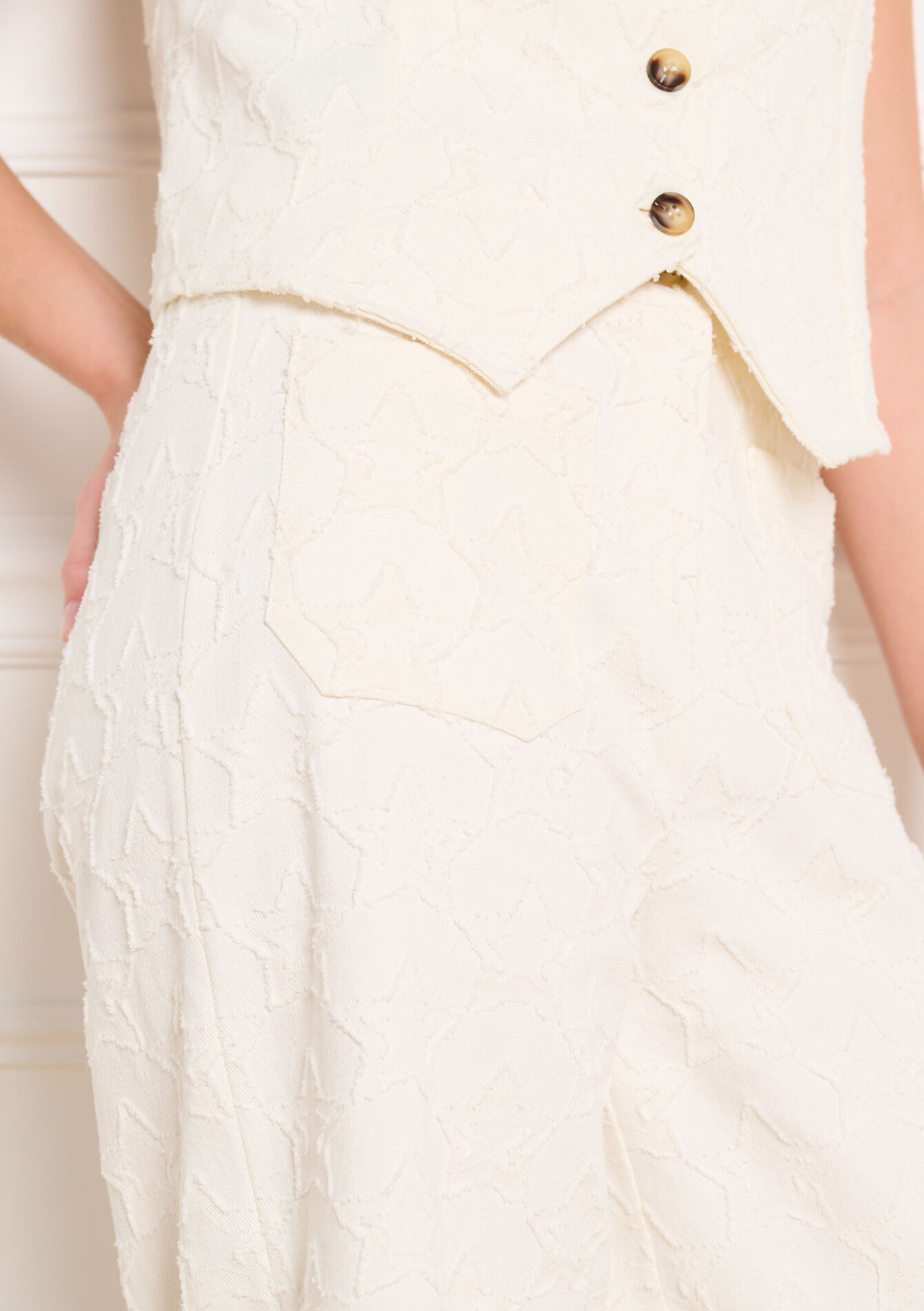 Wijde broek met sterborduursel - VANILLA WHITE - 06004738_1013