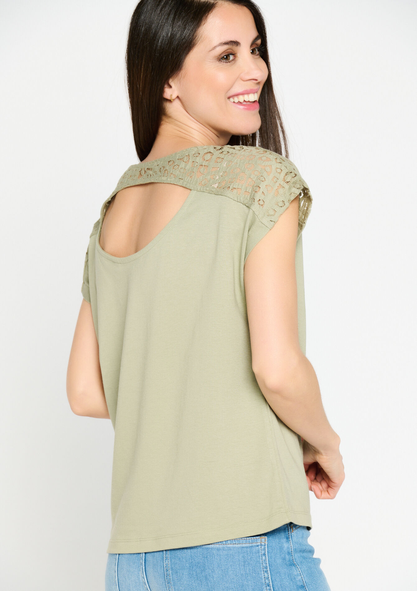 T-shirt met V-hals - KHAKI MED - 02301341_4327