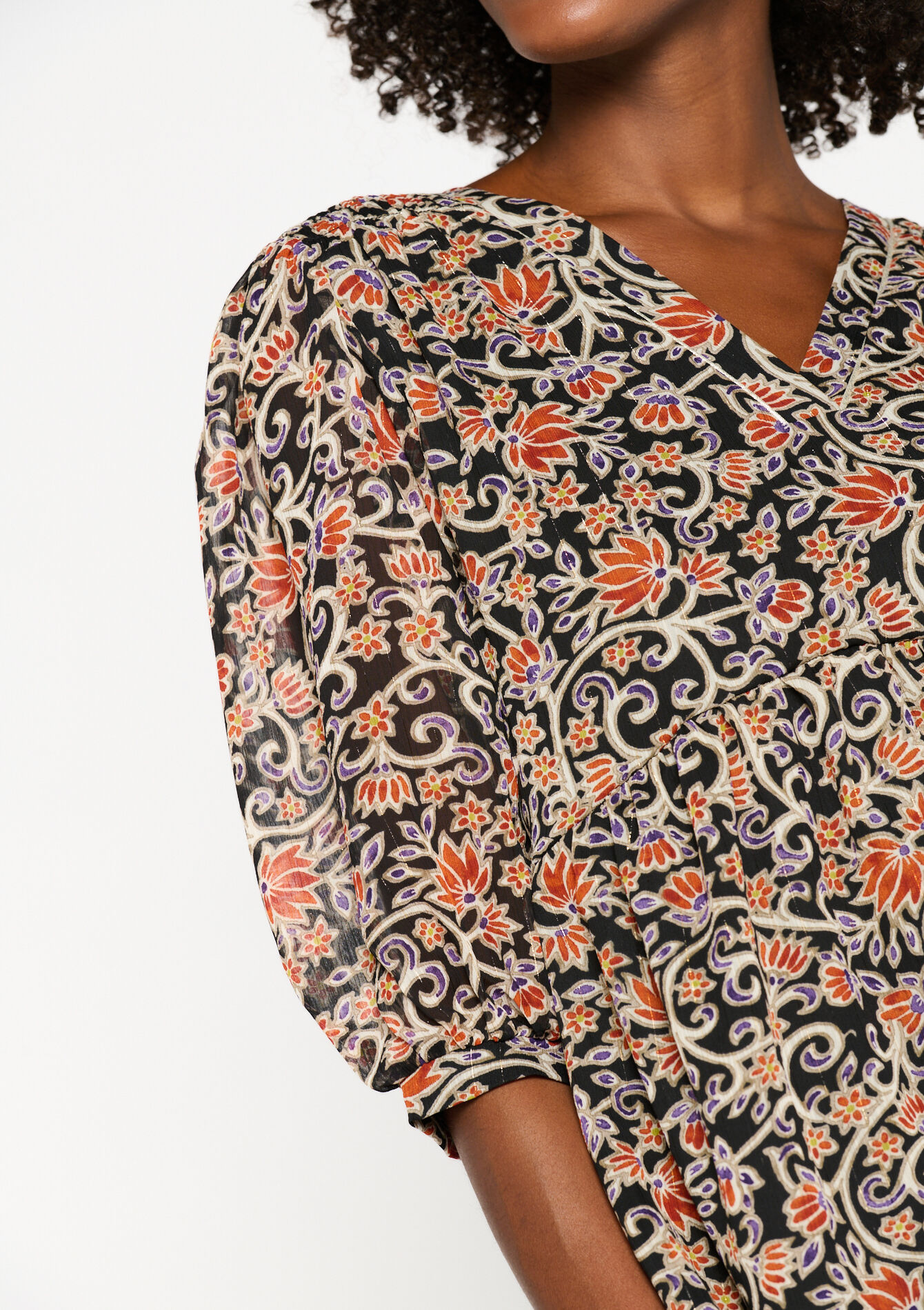 Robe babydoll à imprimé fleuri indien, Robe babydoll à imprimé fleuri indien - BLACK - 08103373_1119