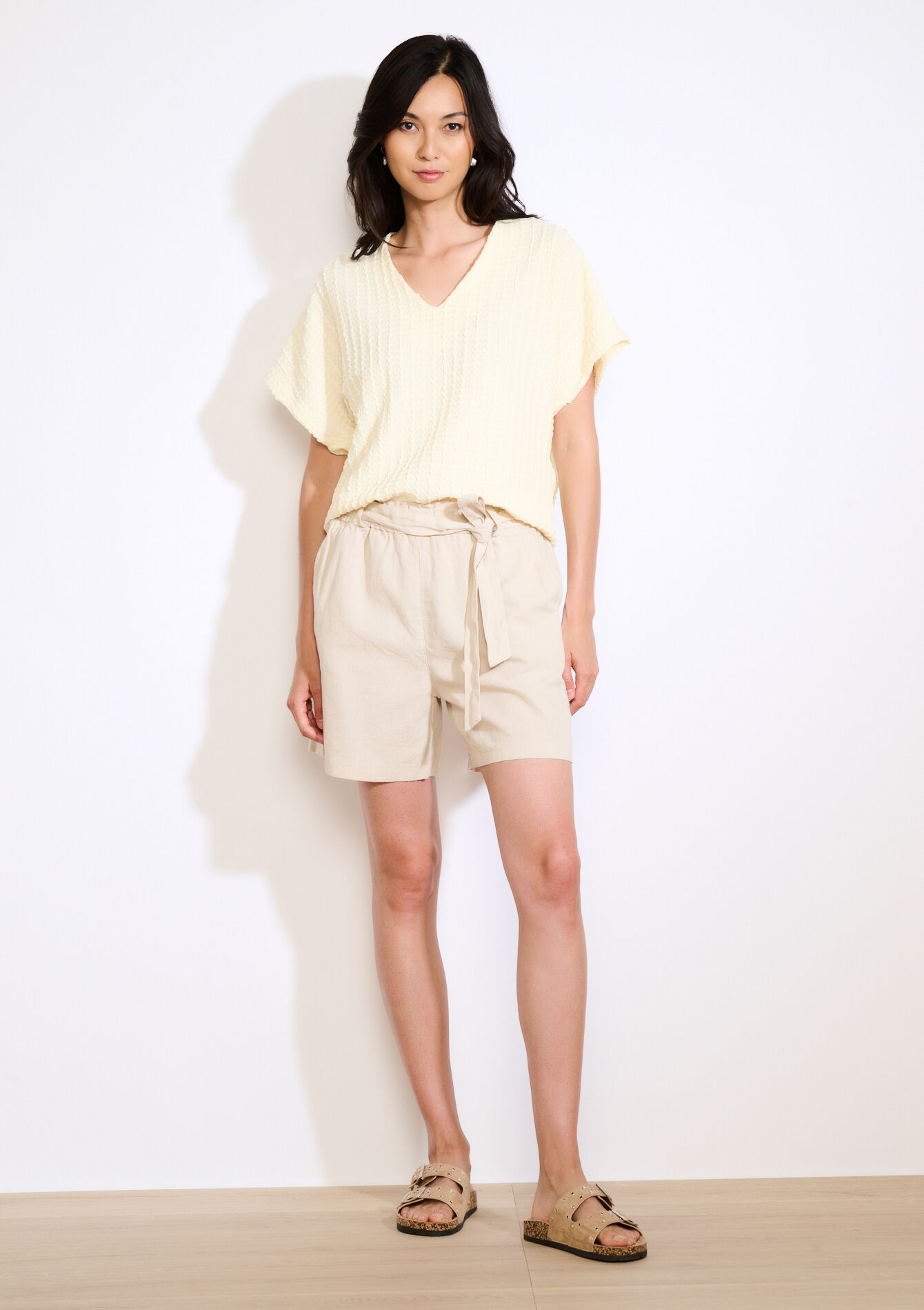 Top met structuur en V-hals, Top met structuur en V-hals - YELLOW PASTEL - 02301876_5004