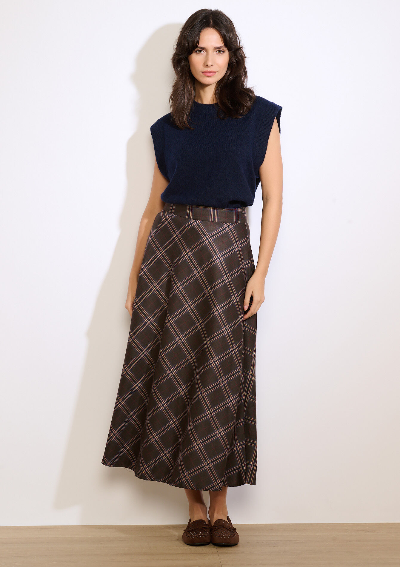 Geruite maxi rok met flair, Geruite maxi rok met flair - BROWN DARK CHOCOLATE - 07101456_3720