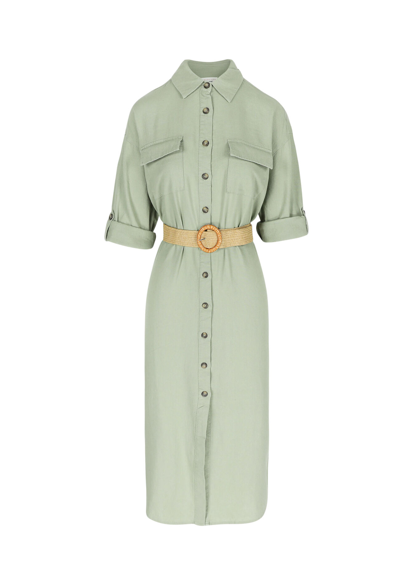 Linen shirt dress with belt - KHAKI FADED - 08602218_4326