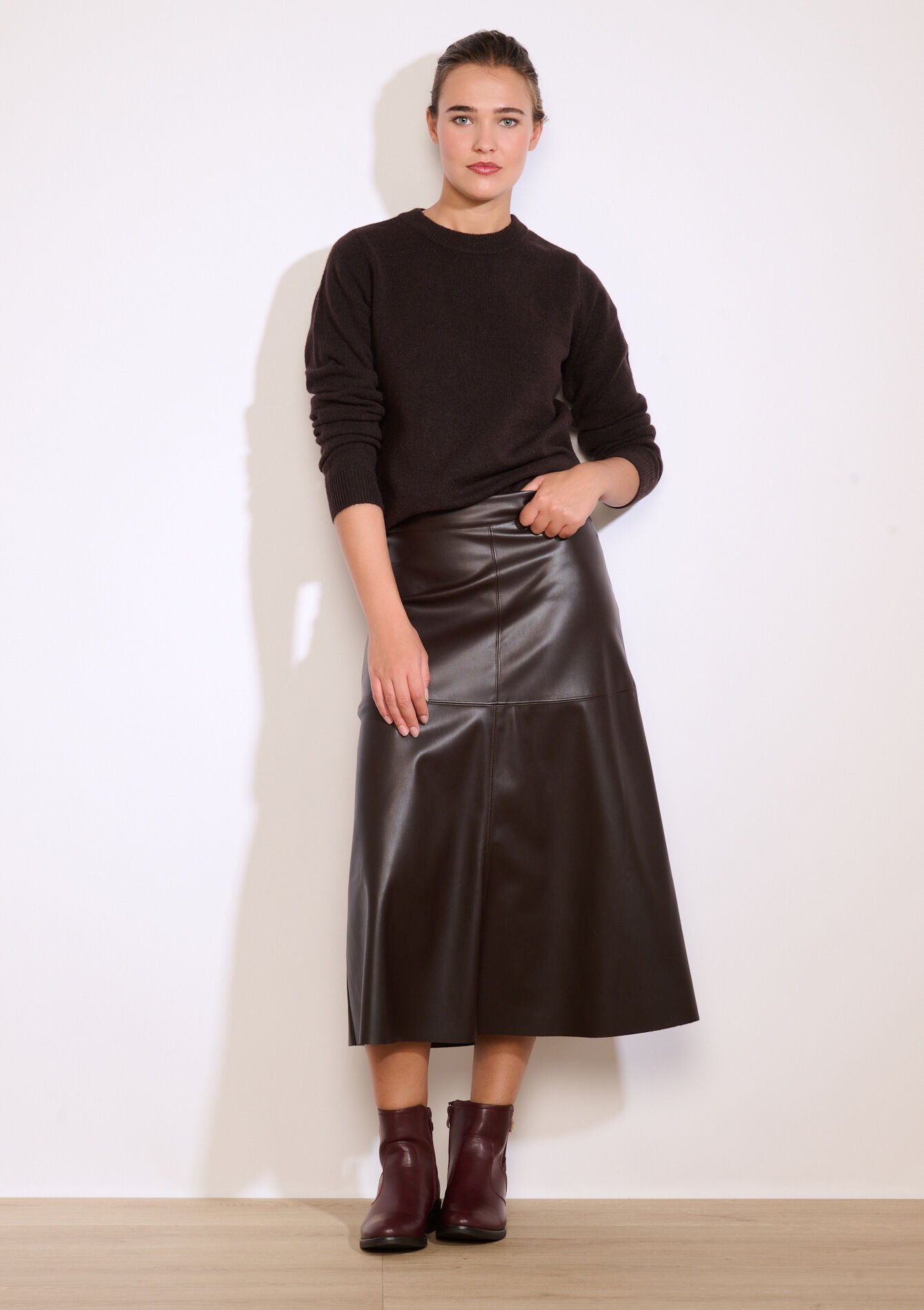 Midi-rok in imitatieleer, Midi-rok in imitatieleer - BROWN DARK CHOCOLATE - 07101404_3720