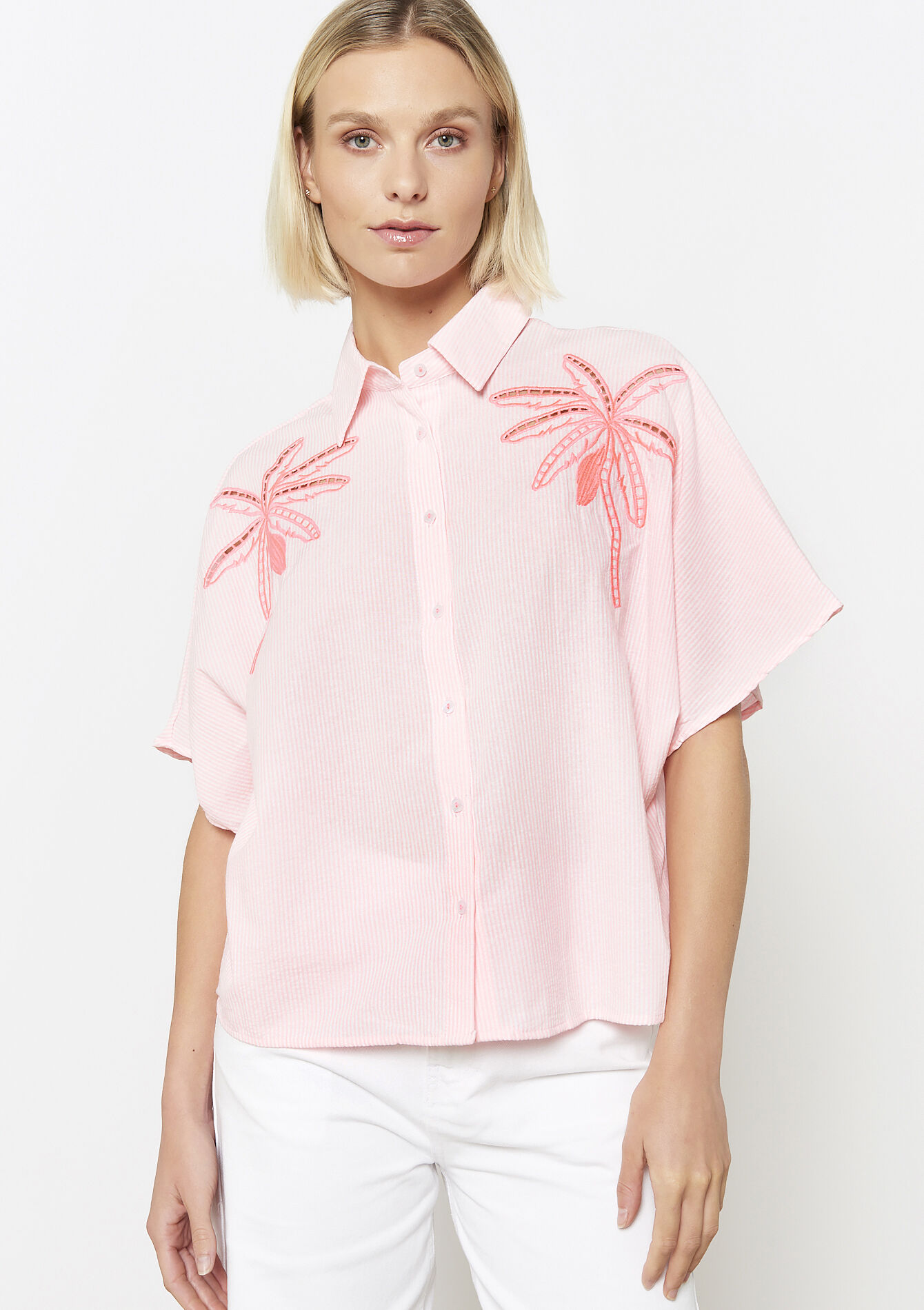 Shirt met palmboomborduursel, Shirt met palmboomborduursel - PINK BUBBLEGUM - 05702818_1477