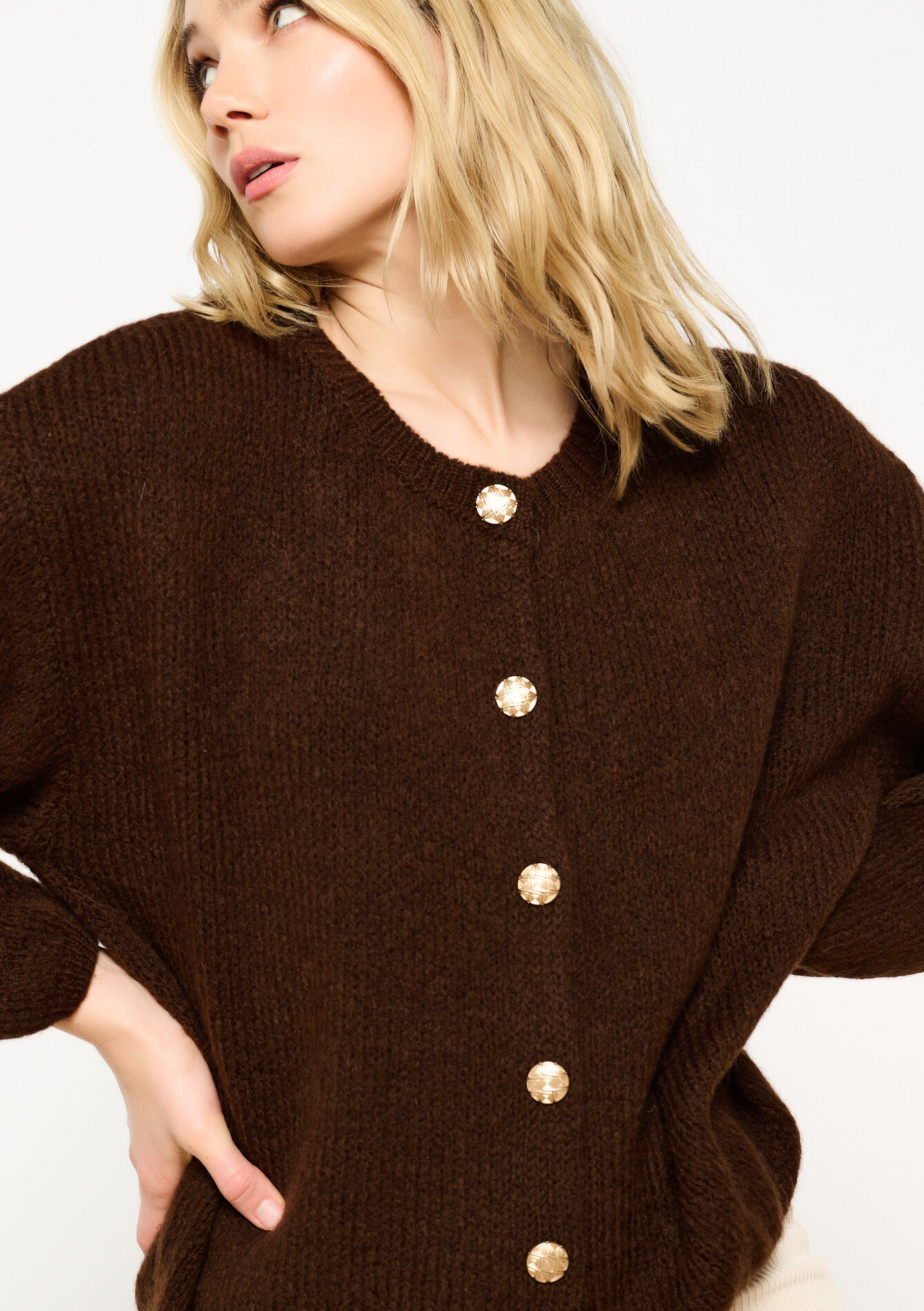 Cardigan met gouden knopen, Cardigan met gouden knopen - BROWN DARK CHOCOLATE - 1120503