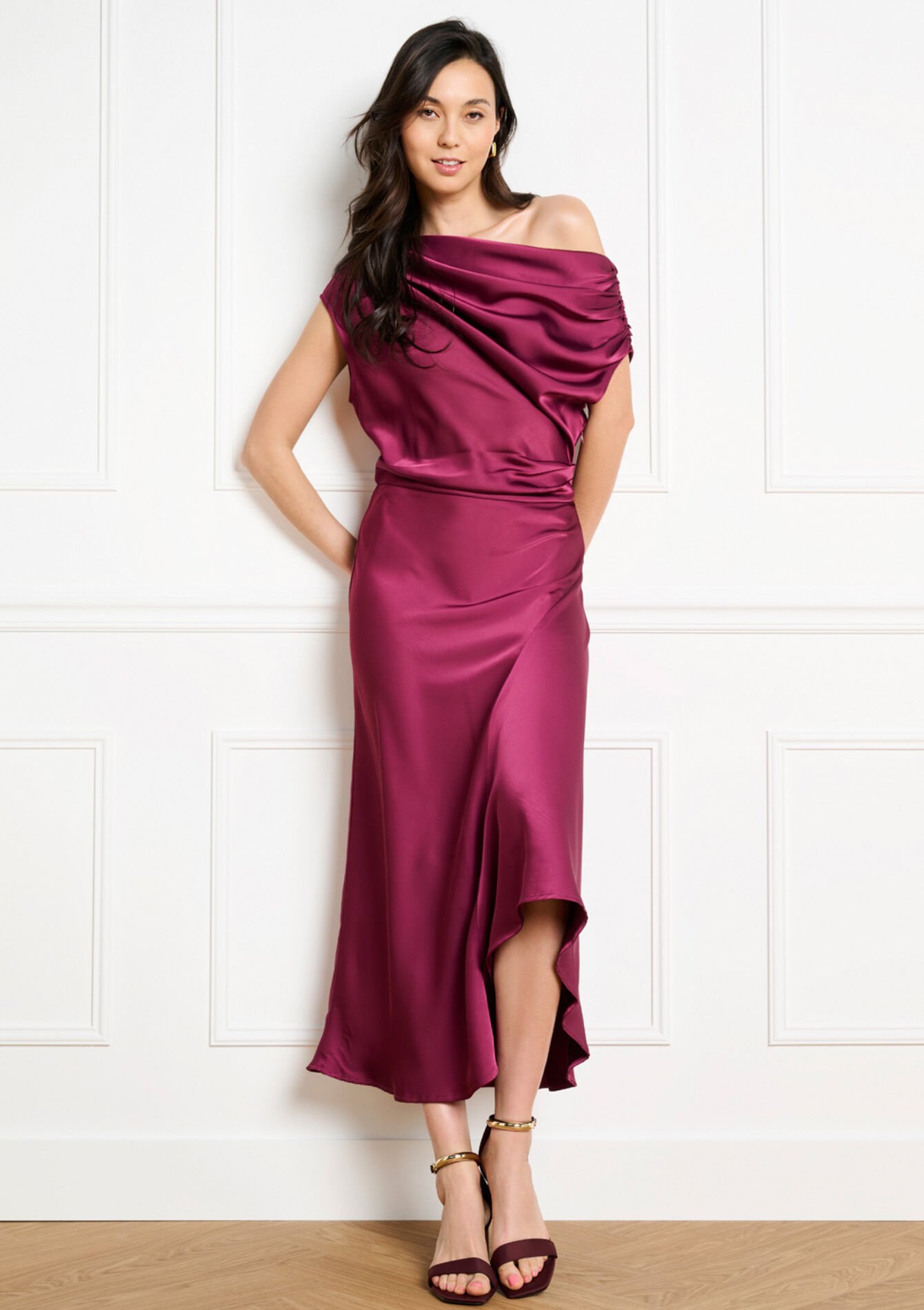 Draped satin midi dress, , back