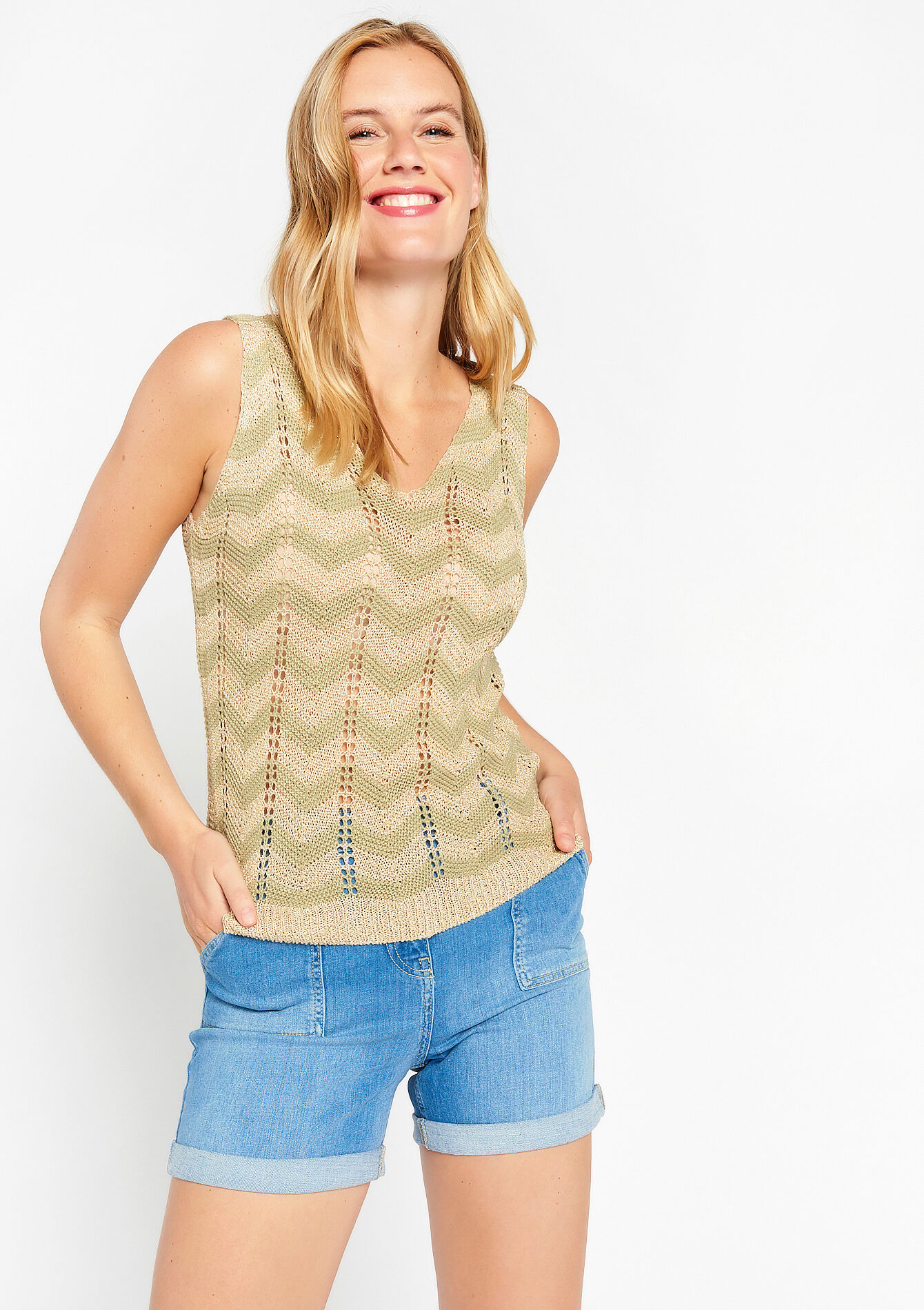 Top with zigzag pattern, Top with zigzag pattern - KHAKI FADED - 02200366_4326