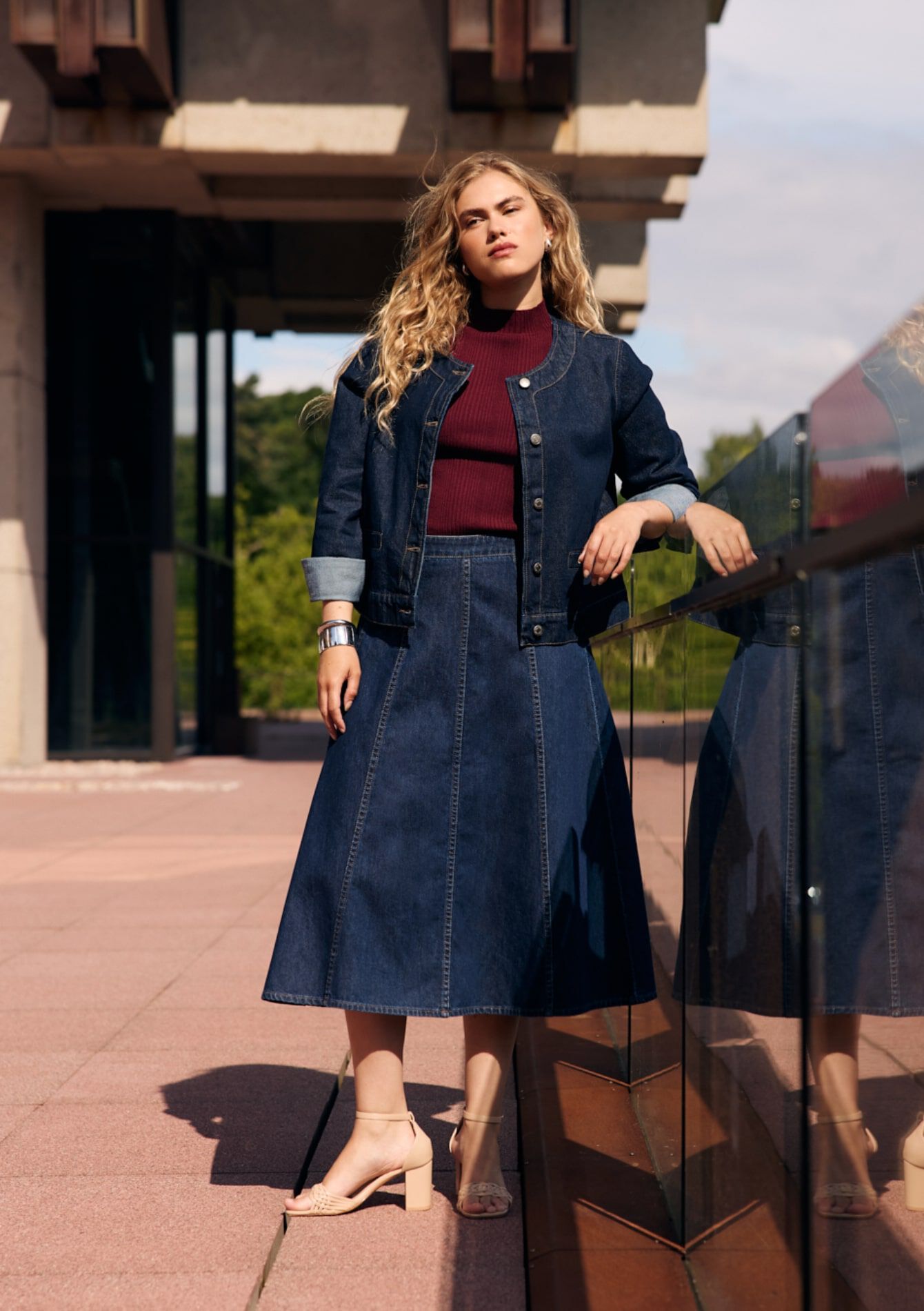 Denim midi-rok met flair, Denim midi-rok met flair, , back