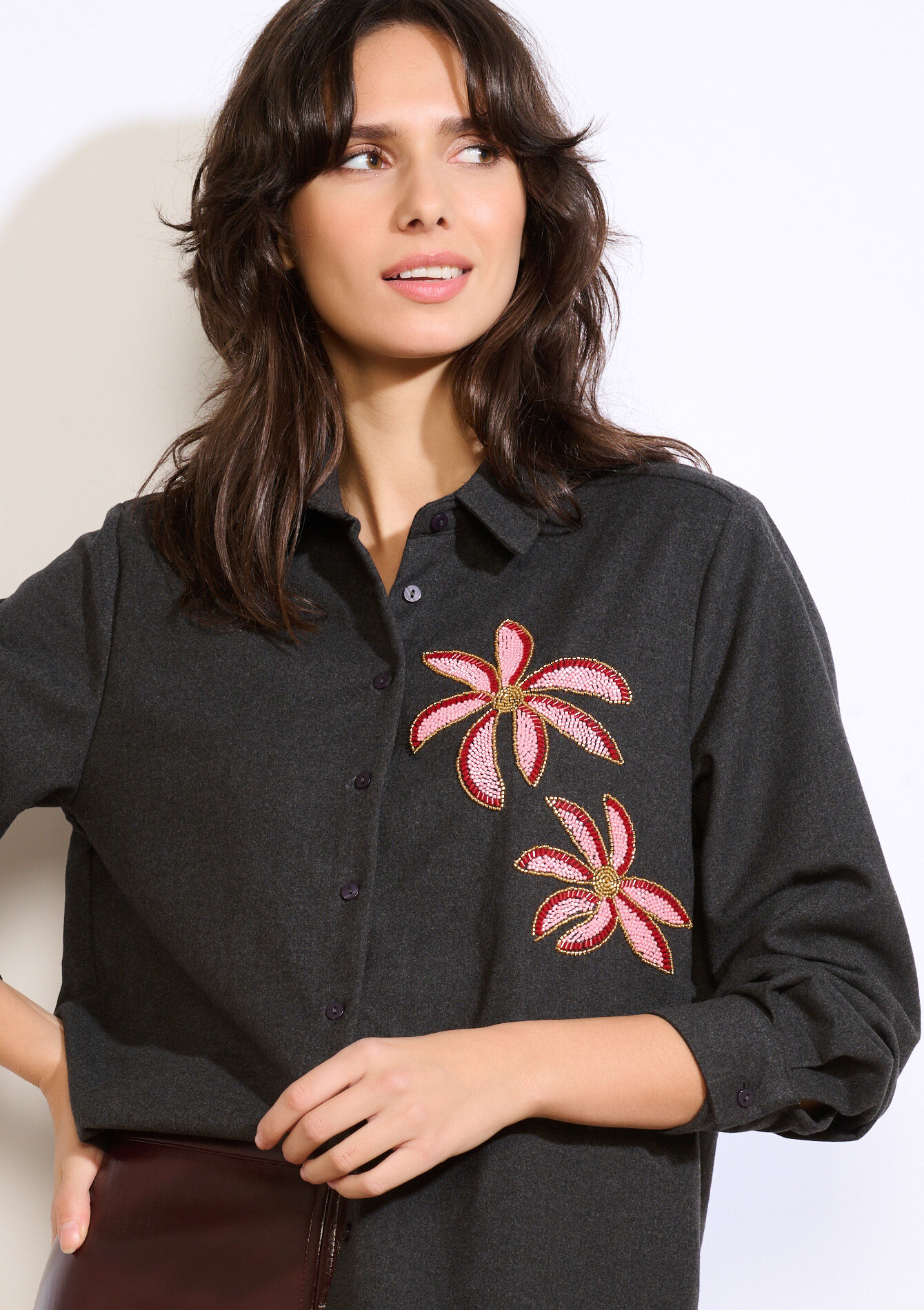 Chemise en flanelle brodée, Chemise en flanelle brodée - DK GREY MEL - 05702988_1083