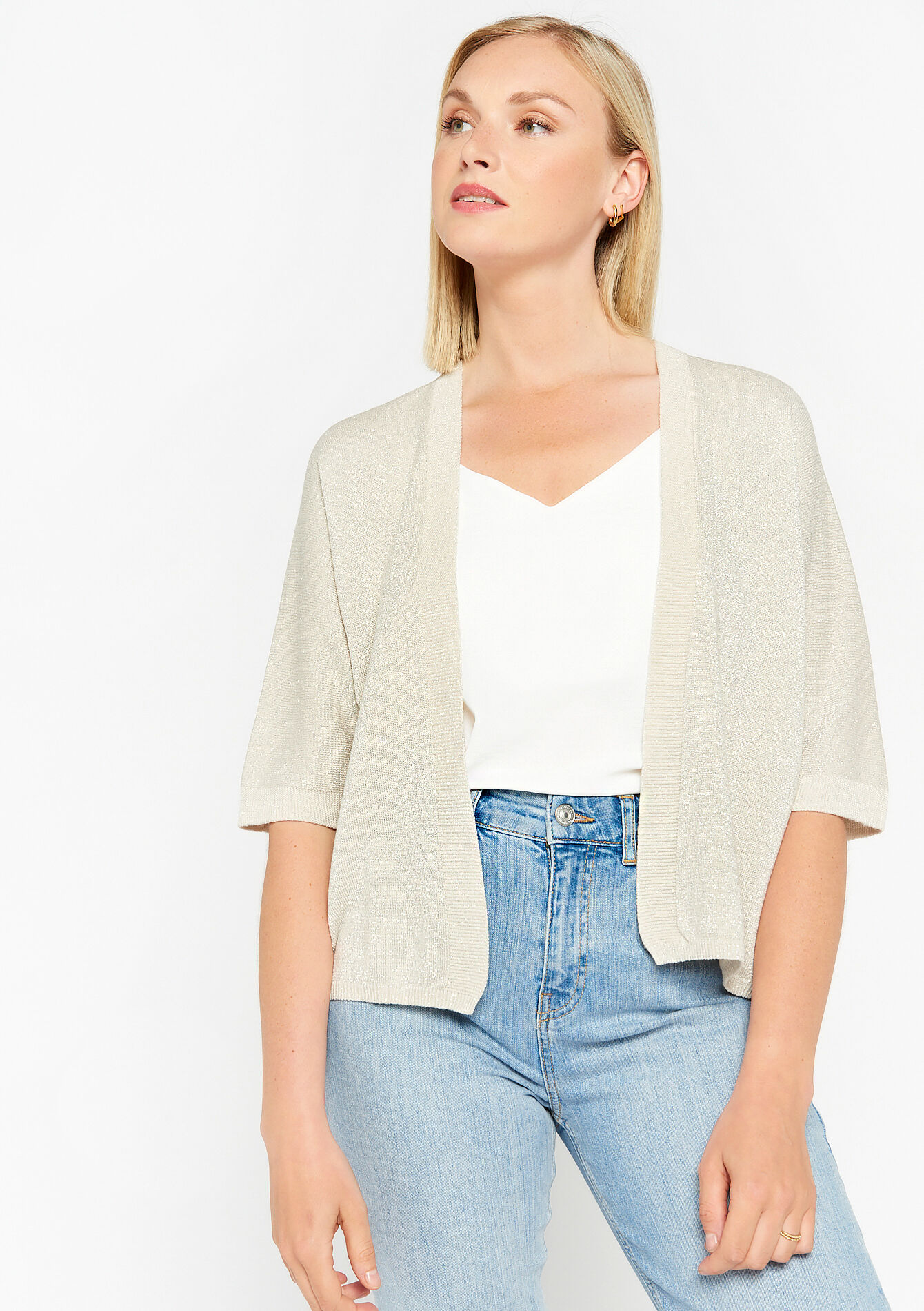 Short cardigan in macramé - CHAMPAGNE GLITTER - 04101059_537