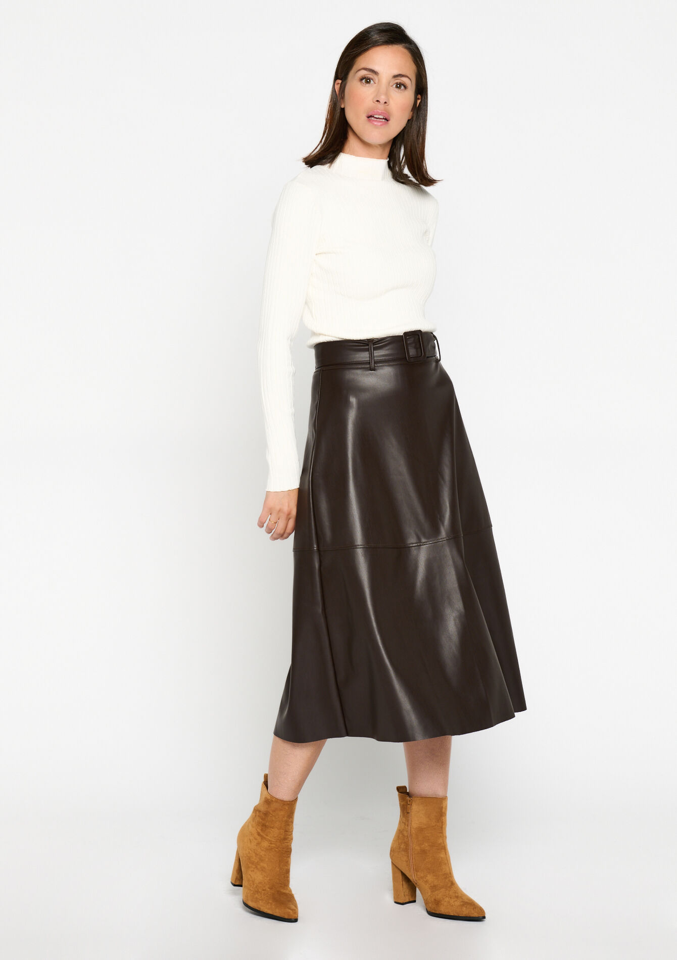 Midi skirt in faux leather, Midi skirt in faux leather - BROWN DARK CHOCOLATE - 07101164_3720