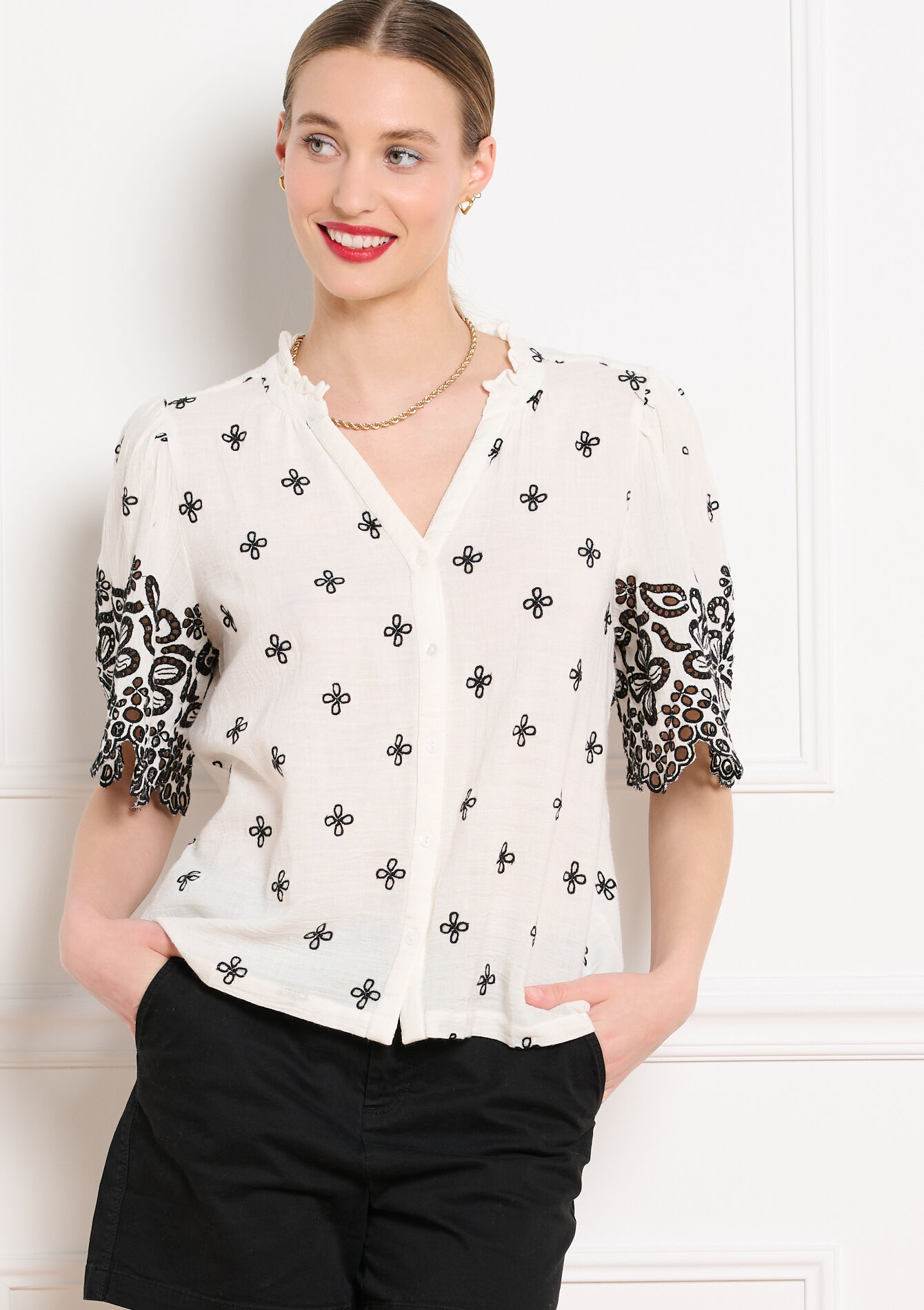 Geborduurde blouse korte mouwen - OFFWHITE - 05702948_1001