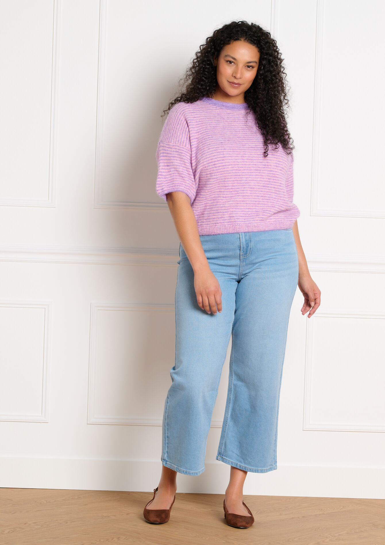 Gestreepte trui met korte mouwen, , back