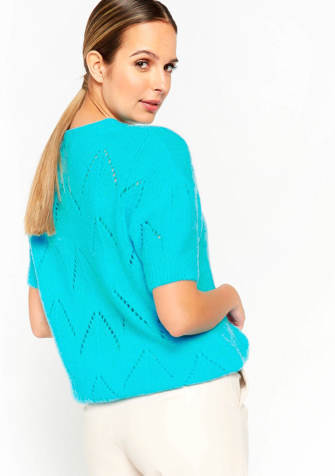 Open-knit pullover with short sleeves, Open-knit pullover with short sleeves - TURQUOISE - 04006109_1759