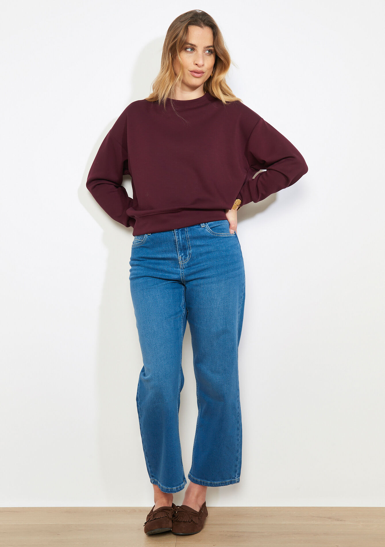 Comfortabele sweater met ronde hals - AUBERGINE - 15100422_1537