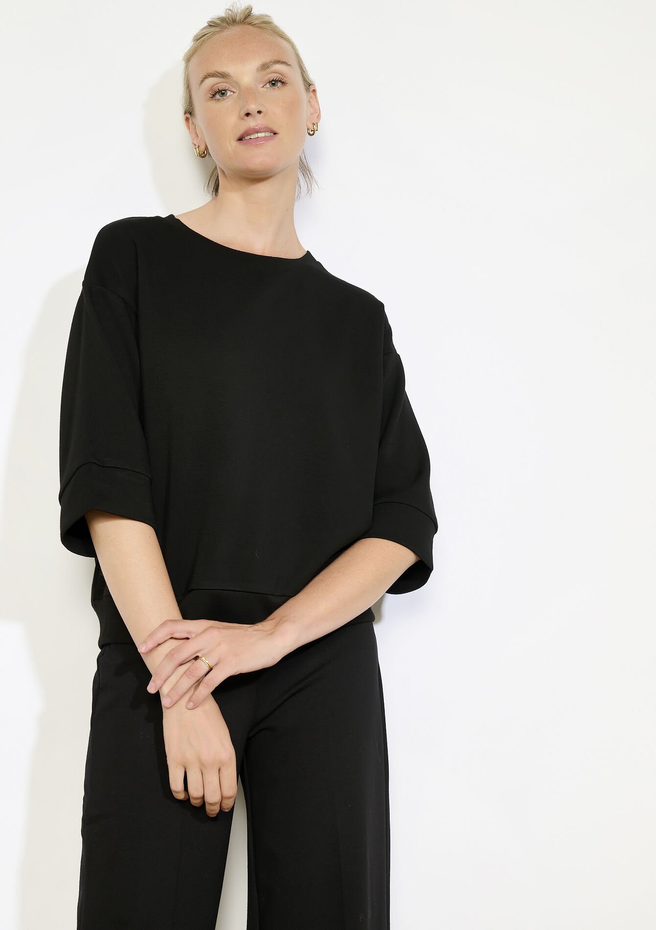 Boxy sweatshirt met korte mouwen, Boxy sweatshirt met korte mouwen - BLACK - 03001802_1119