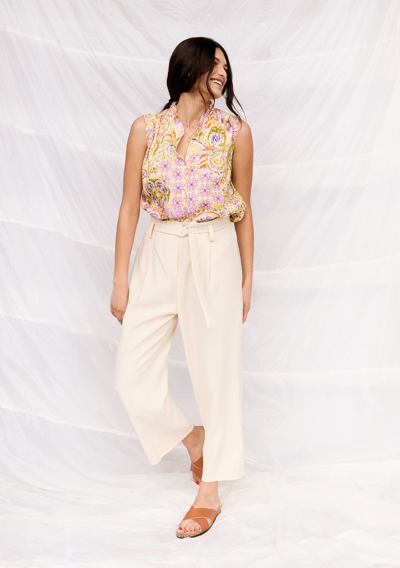 Pantalon aspect lin, Pantalon aspect lin - VANILLA WHITE - 06600836_1013