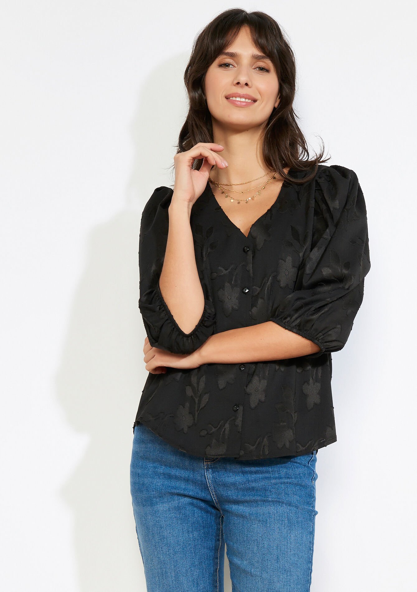 Losvallende jacquard blouse, , back
